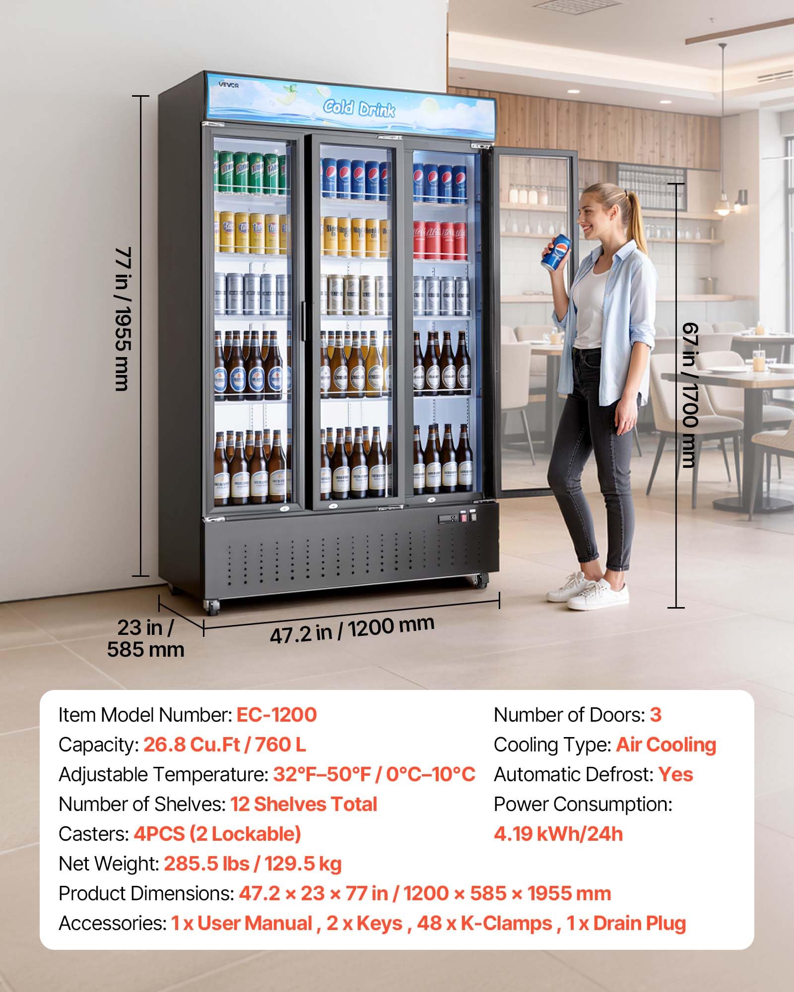 VEVOR Commercial Merchandiser Refrigerator, 6.9 Cu.Ft / 195L Glass Door Display Refrigerator, Upright Beverage Cooler Fridge with 4 Adjustable Shelves, Soft LED Light & Casters for Homes Shops Bars