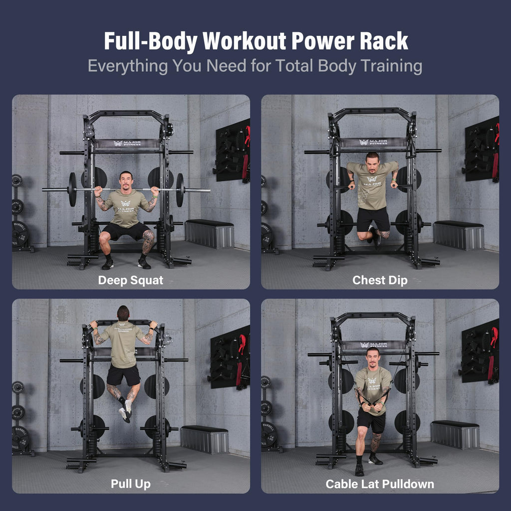 Major Fitness Drone2 Advanced Training Smith Machines– All-in-One Home Gym Squat Rack with Aluminum Pulley Set , Weight Bar, Dual LAT Pull-Down Systems & Cable Crossover Machine for Full-Body Workouts