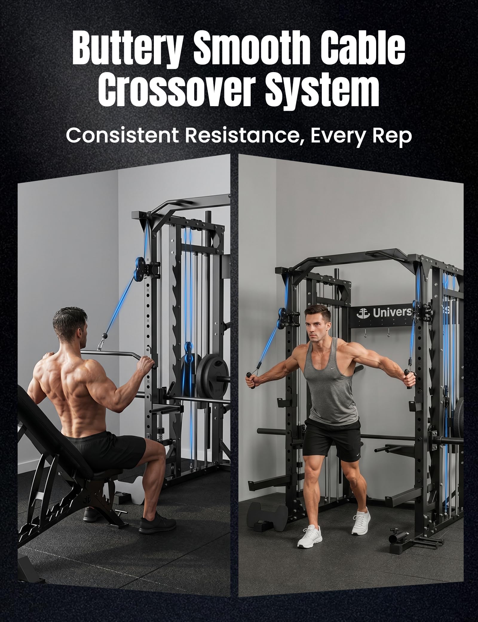 Unive Fitness Smith Machine, Commercial-Grade All-in-One Home Gym Power Cage with Squat Rack, Dual Cable Crossover & Pulley System, Complete Attachments for Full Body Workouts