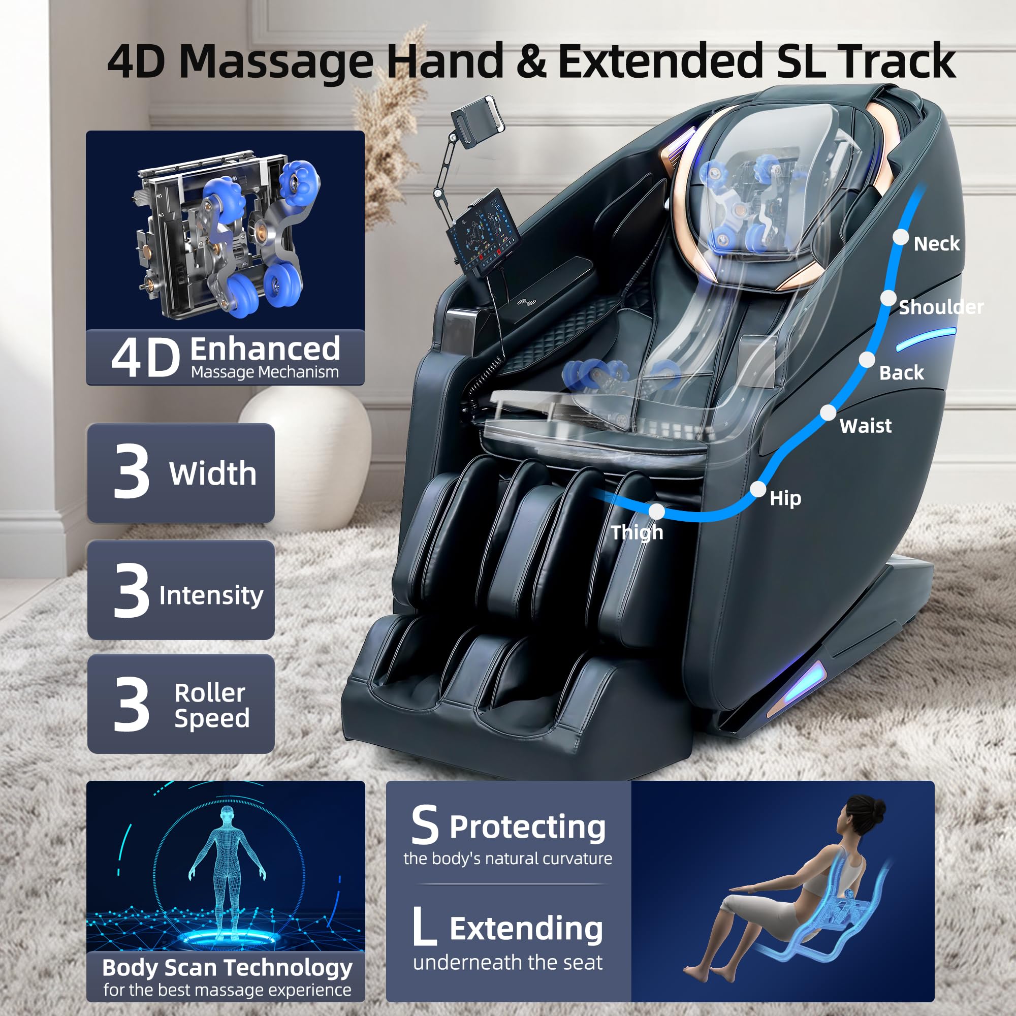 4D Massage Chairs Full Body Recliner with Heat Zero Gravity 57'' SL Track Shiatsu Massage Chair for Home Office with AI Voice, 7" Touch Screen, Wireless Charging,Neck & Shoulder Relief