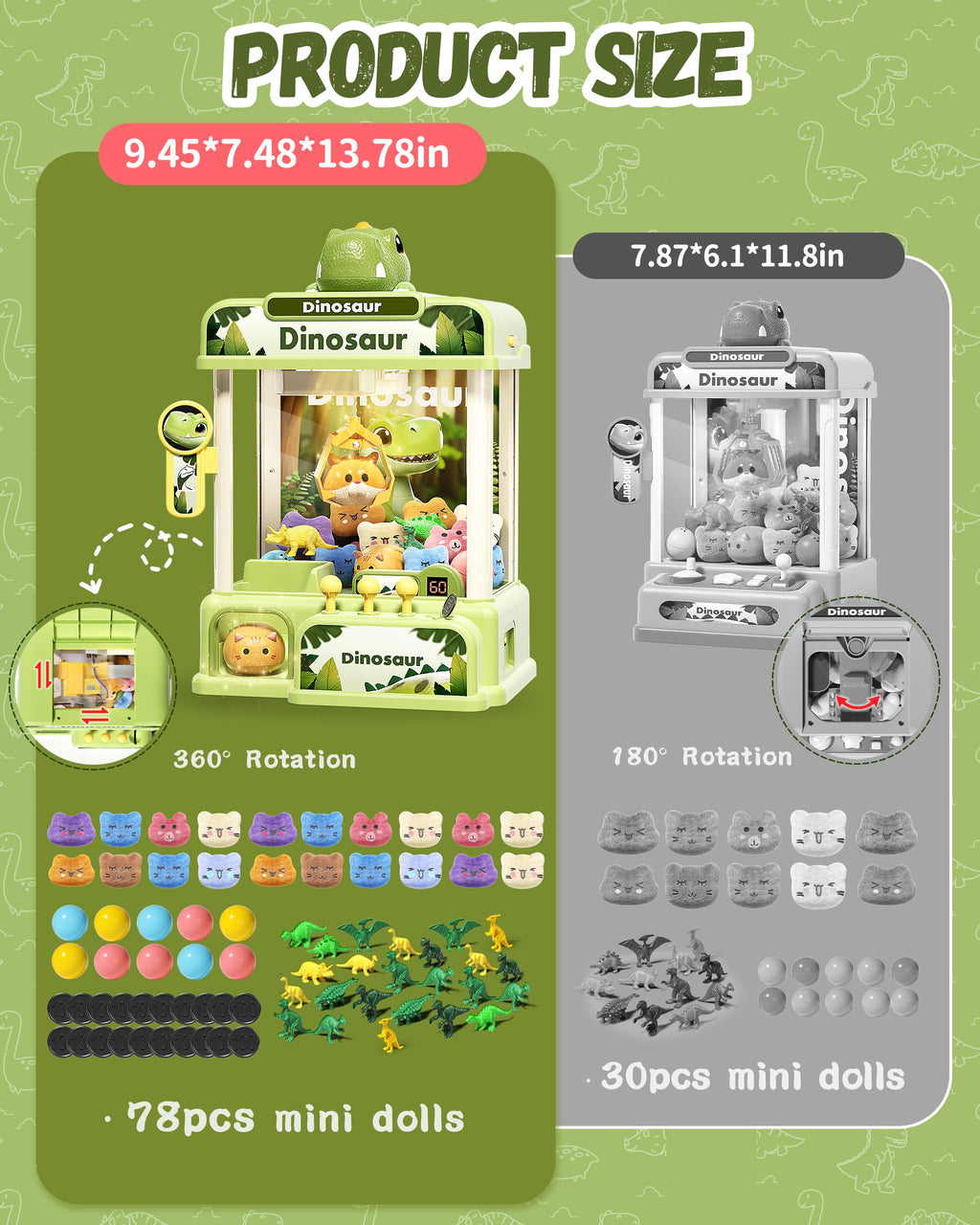 STACTCUTE 78PCS Large Dinosaur Claw Machine for Kids, No Assembly Required - Electronic Arcade Game with Music & Lights, Vending Machine Toy Prize Dispenser - Birthday Gift for Boys & Girls Age 3+