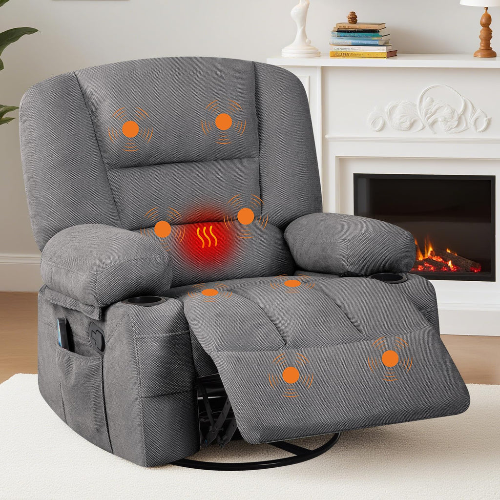 Oversized Wide Recliner Chair with Vibration Massage and Heat, 360° Swivel Recliner Glider for Adults,Chenille Fabric Manual Reclining Single Sofa with Cup Holders & Side Pockets for Living Room,White