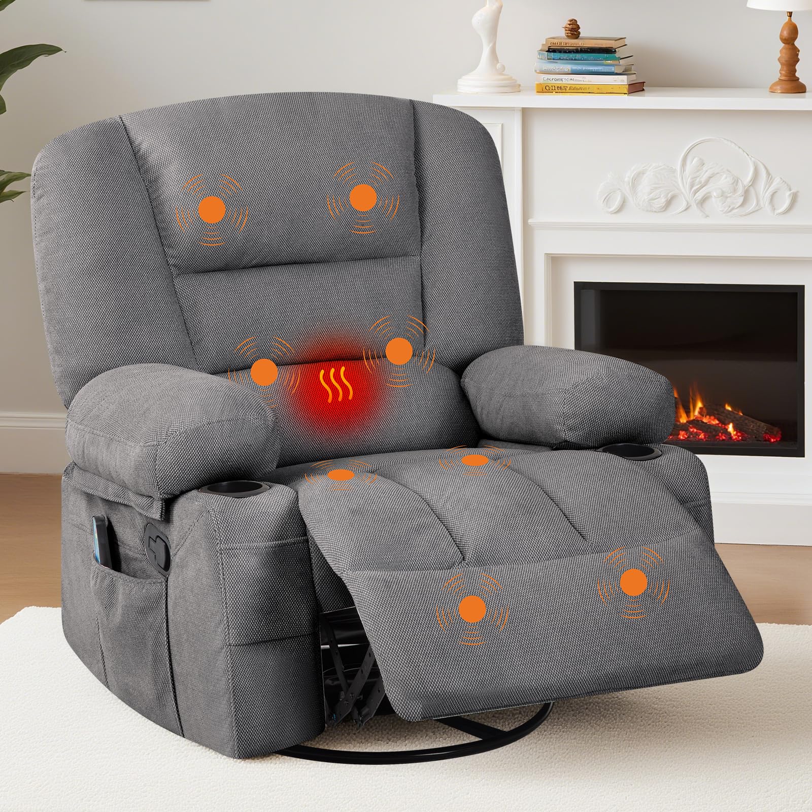 Oversized Wide Recliner Chair with Vibration Massage and Heat, 360° Swivel Recliner Glider for Adults,Chenille Fabric Manual Reclining Single Sofa with Cup Holders & Side Pockets for Living Room,White