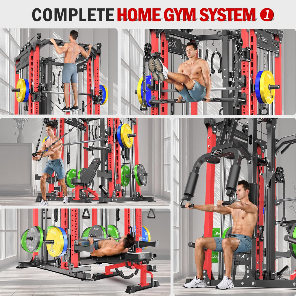 Smith Machine with Cable Crossover System, Multi-Function Power Cage Squat Rack for Home Gym, Power Rack and Packages Weight Sets.