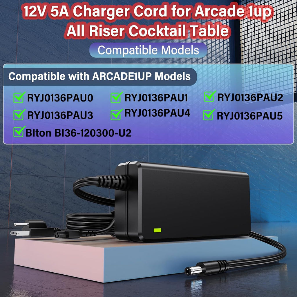 12V Charger for Arcade1up Game Machine, Power Cord AC Adapter for ARCADE1UP Riser Cocktail Table Arcade 1up RYJ0136PAU0 RYJ0136PAU1 RYJ0136PAU2 RYJ0136PAU3 RYJ0136PAU4 RYJ0136PAU5 BIton BI36-120300-U2
