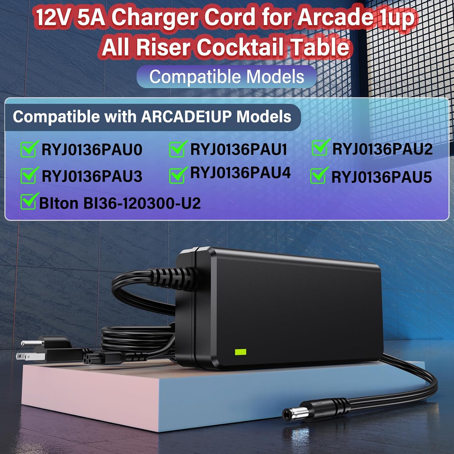 12V Charger for Arcade1up Game Machine, Power Cord AC Adapter for ARCADE1UP Riser Cocktail Table Arcade 1up RYJ0136PAU0 RYJ0136PAU1 RYJ0136PAU2 RYJ0136PAU3 RYJ0136PAU4 RYJ0136PAU5 BIton BI36-120300-U2