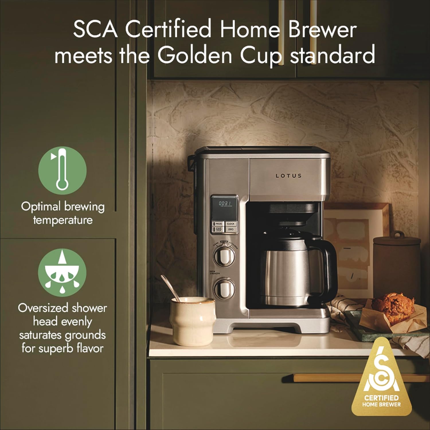 Lotus Coffee Maker with Grounds Scale, Programmable 10-Cup Coffee Maker, The Top Drip, 1500 Watts, Stainless Steel, Professional Series, LTSCM500