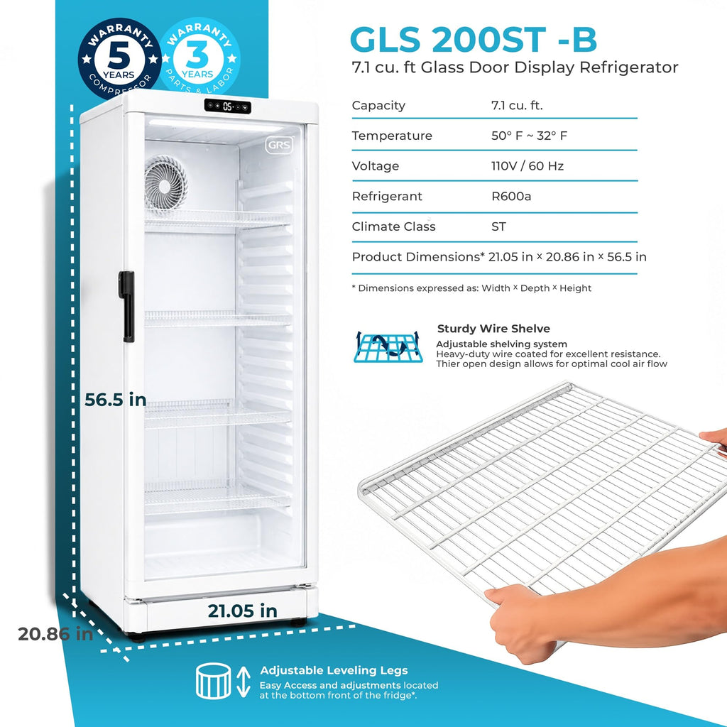 GRS Commercial Display Refrigerator with Glass Door Lock | Cool Air Flow & Temperature | Beverage fridge, Drink and Wine Cooler with Adjustable Display Shelf for Stores and Bars | Black, 7.1 Cu. Ft