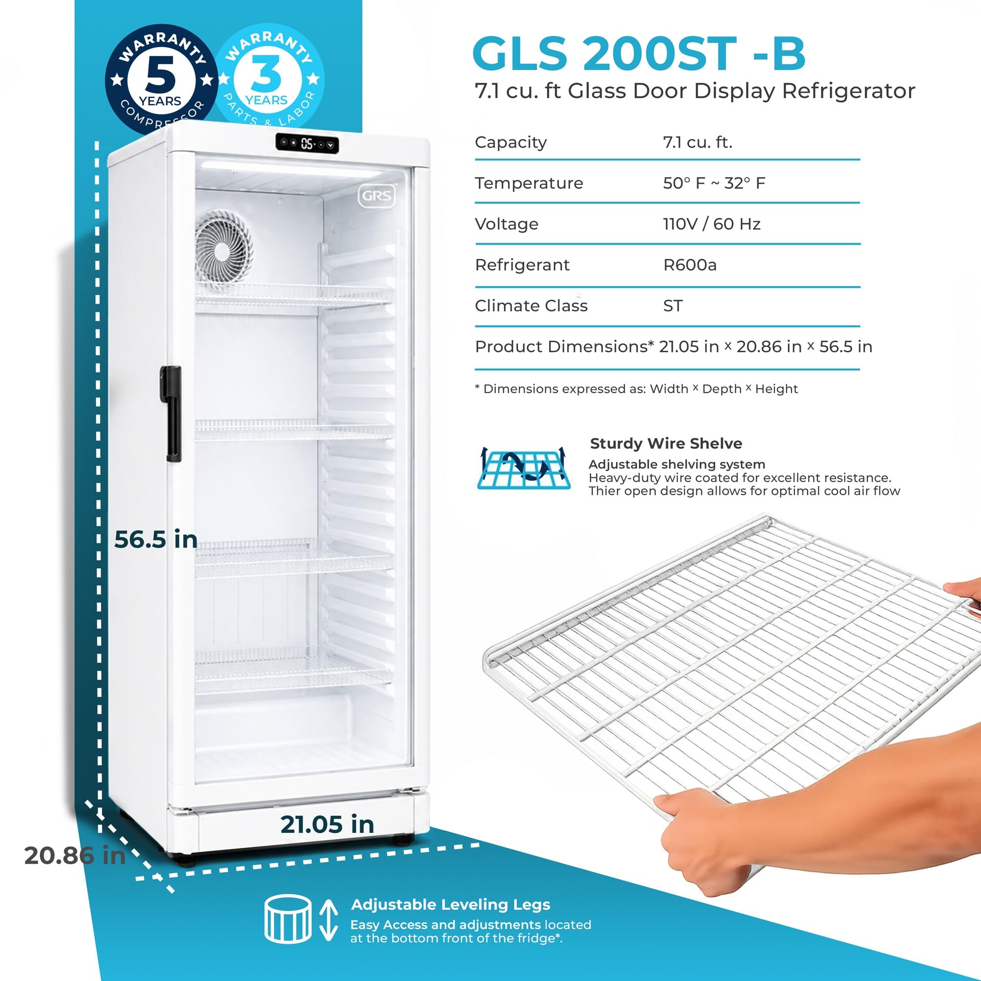 GRS Commercial Display Refrigerator with Glass Door Lock | Cool Air Flow & Temperature | Beverage fridge, Drink and Wine Cooler with Adjustable Display Shelf for Stores and Bars | Black, 7.1 Cu. Ft