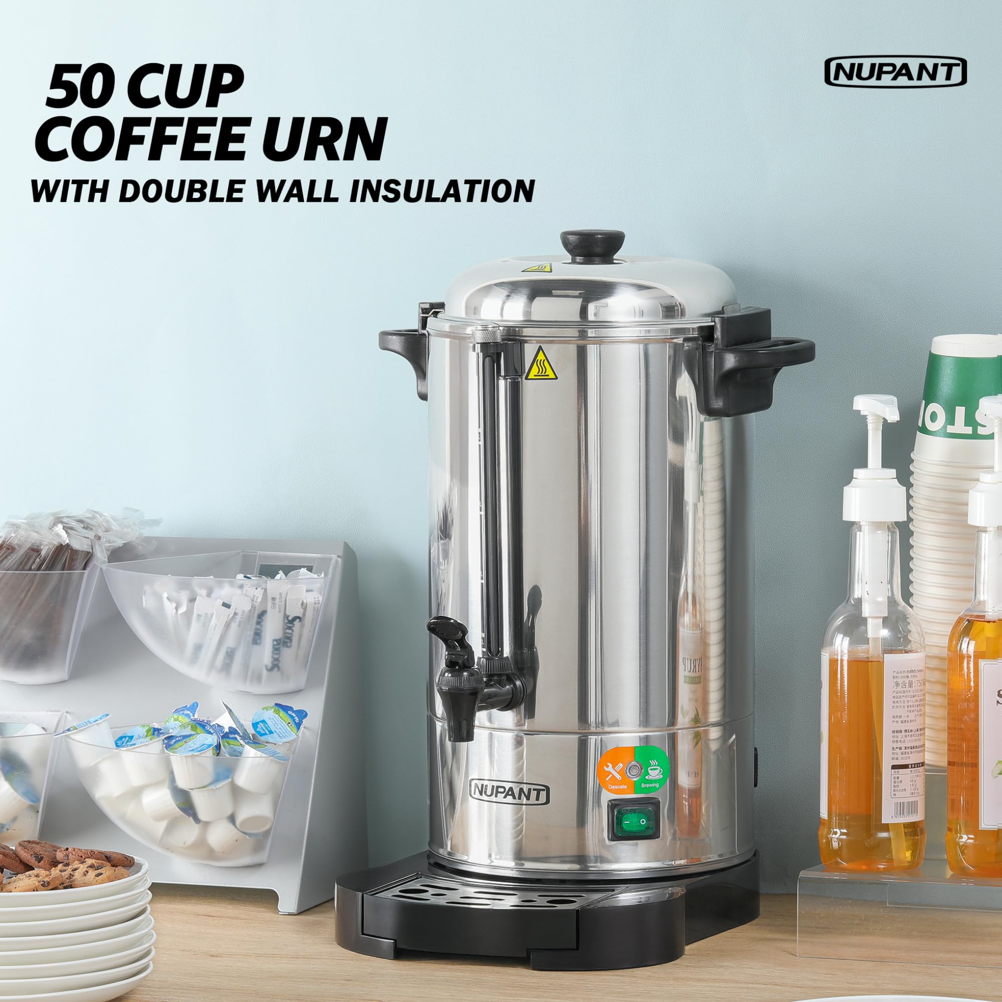 NUPANT Commercial Coffee Urn 100 Cup/15L Coffee Dispenser with Upgraded Percolator, Double Wall 304 Stainless Steel Hot Water Urn Beverage Dispenser, Keep Warm Large Coffee Maker for Catering Party