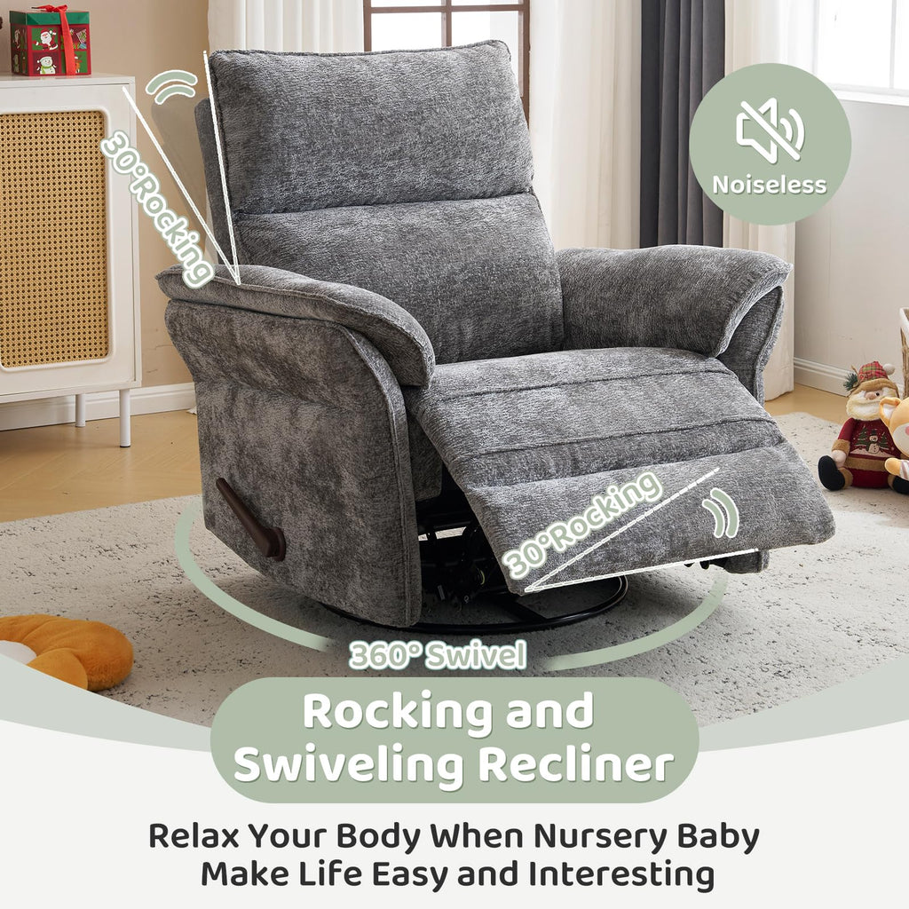 Oversized Rocking Chair Nursery with Massage and Heat, Glider Recliner Nursery Chair with Adjustable Headrest, Power Swivel Rocker Recliner Chair with USB Port, Dark Grey