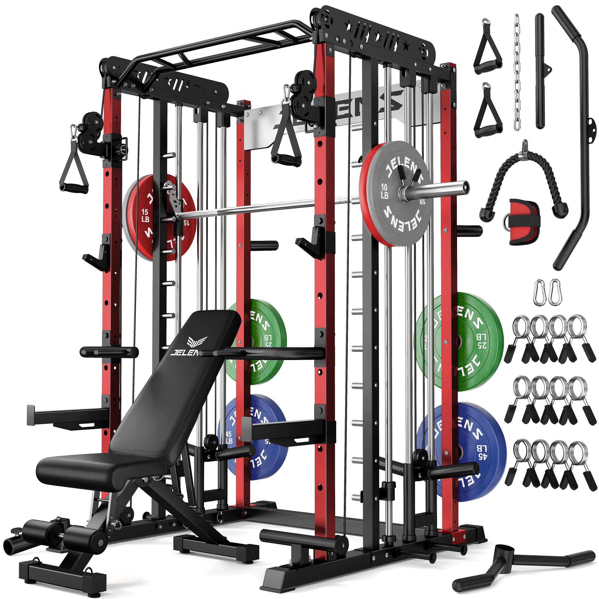 JELENS Smith Machine for Home Gym, Multi-Function M12 Power Cage with Cable Crossover System, Squat Rack with Smith Bar and More Attachment