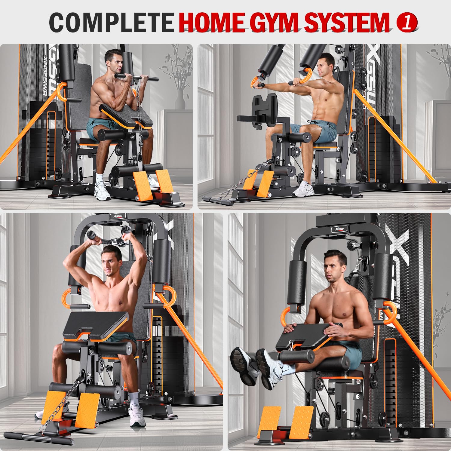 XGSW Multi-Function Home Gym Workout Station, Featuring a Pulley System, arm Trainer, and Leg Trainer for Full-Body Workouts.