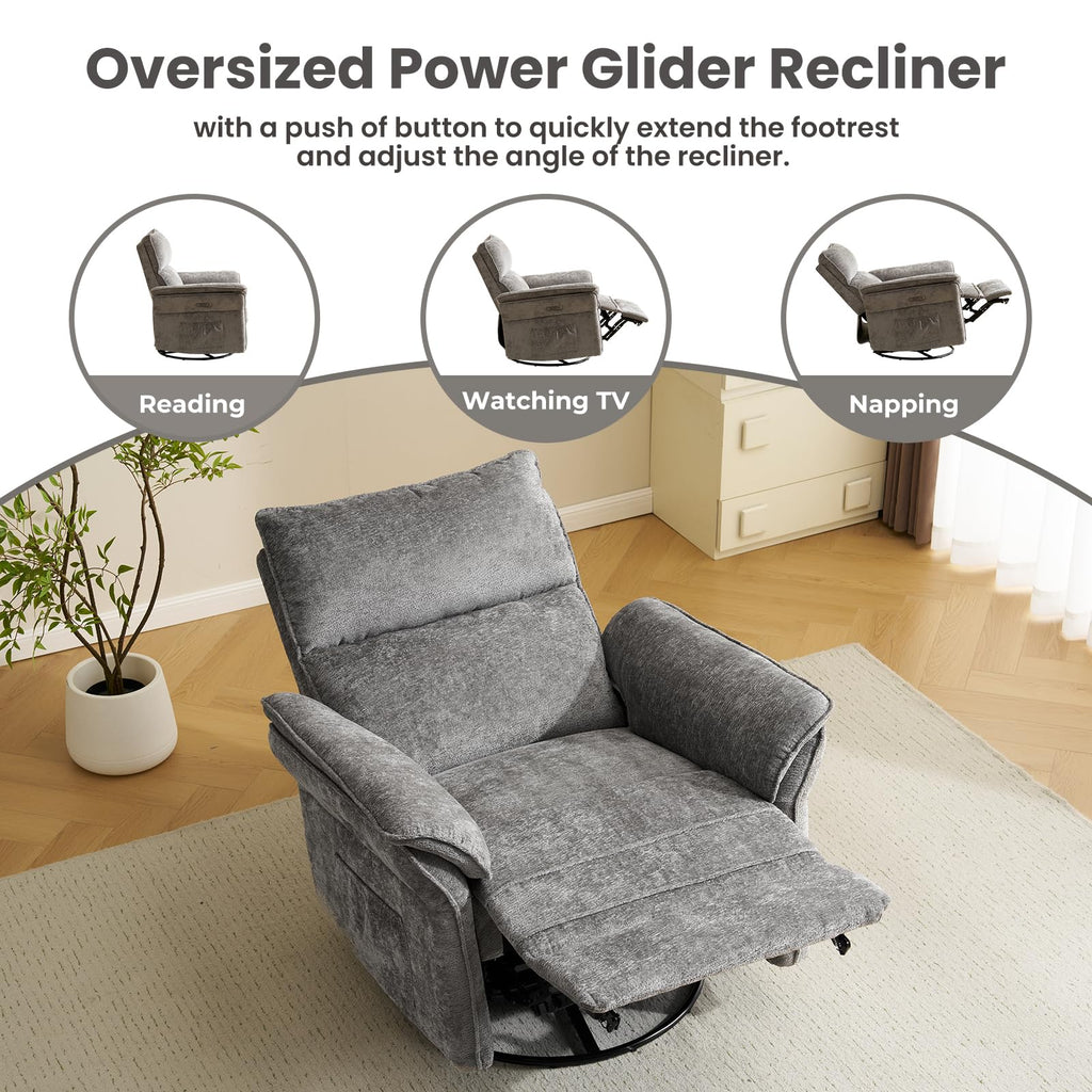 Oversized Rocking Chair Nursery with Massage and Heat, Glider Recliner Nursery Chair with Adjustable Headrest, Power Swivel Rocker Recliner Chair with USB Port, Dark Grey