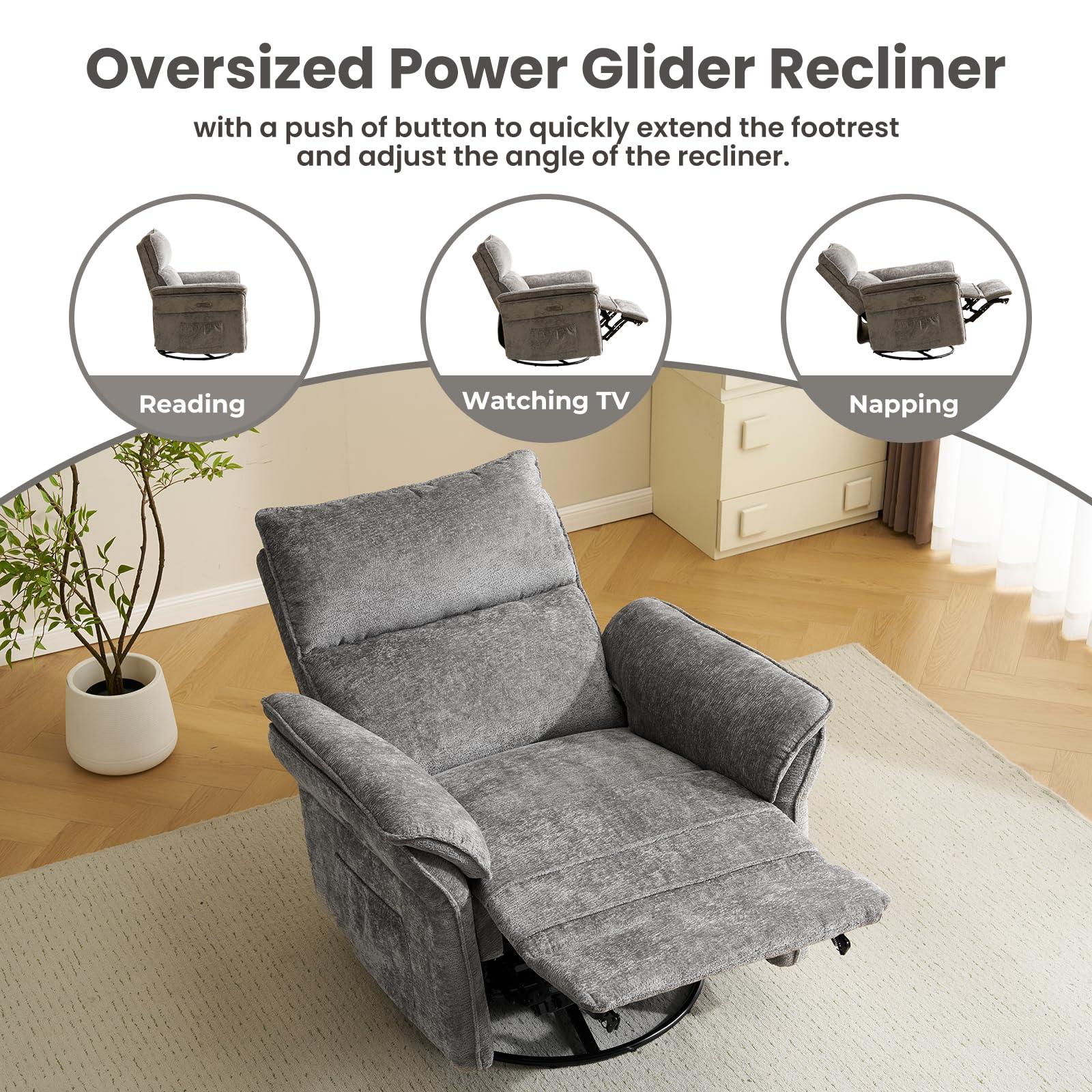 Oversized Rocking Chair Nursery with Massage and Heat, Glider Recliner Nursery Chair with Adjustable Headrest, Power Swivel Rocker Recliner Chair with USB Port, Dark Grey