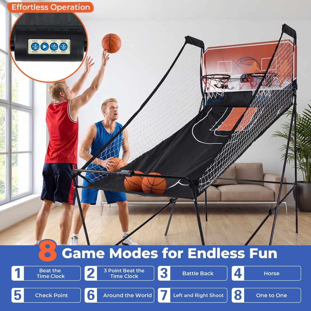 Goplus Foldable Dual Shot Basketball Arcade Game, Electronic Basketball Hoop w/LCD Scoreboard, 8 Game Modes, 4 Balls, Indoor Outdoor Basketball Game Machine for Adults (Green)