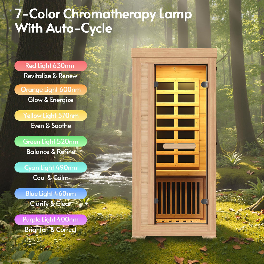 Infrared Sauna at Home 1 Person Mini with 7 Color Full Spectrum, Low EMF 1240W Fast Heating Canadian Hemlock Wood Sauna, Indoor Dry Sauna with Music Speakers for Home, Gym (2.3Lx2.9Wx5.2H Ft)