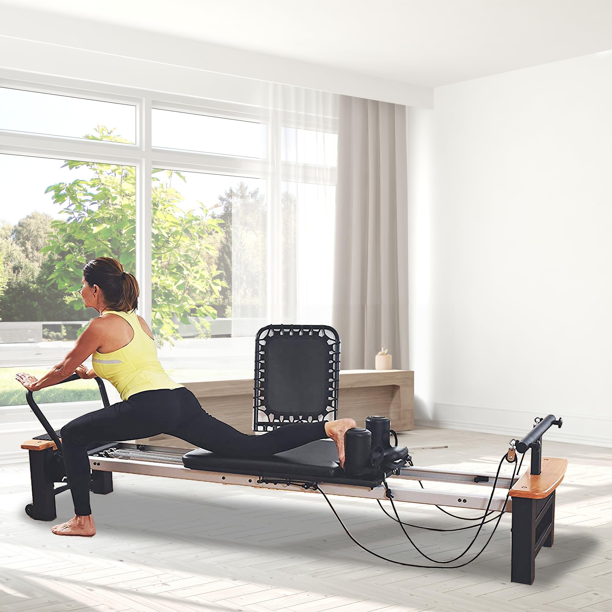 Stamina Products AeroPilates Board Reformer with Oak Wood Base – Studio Grade for Home Use with Cardio Rebounder, Adjustable Foot Bar, 4 Resistance Springs, and Workout DVD