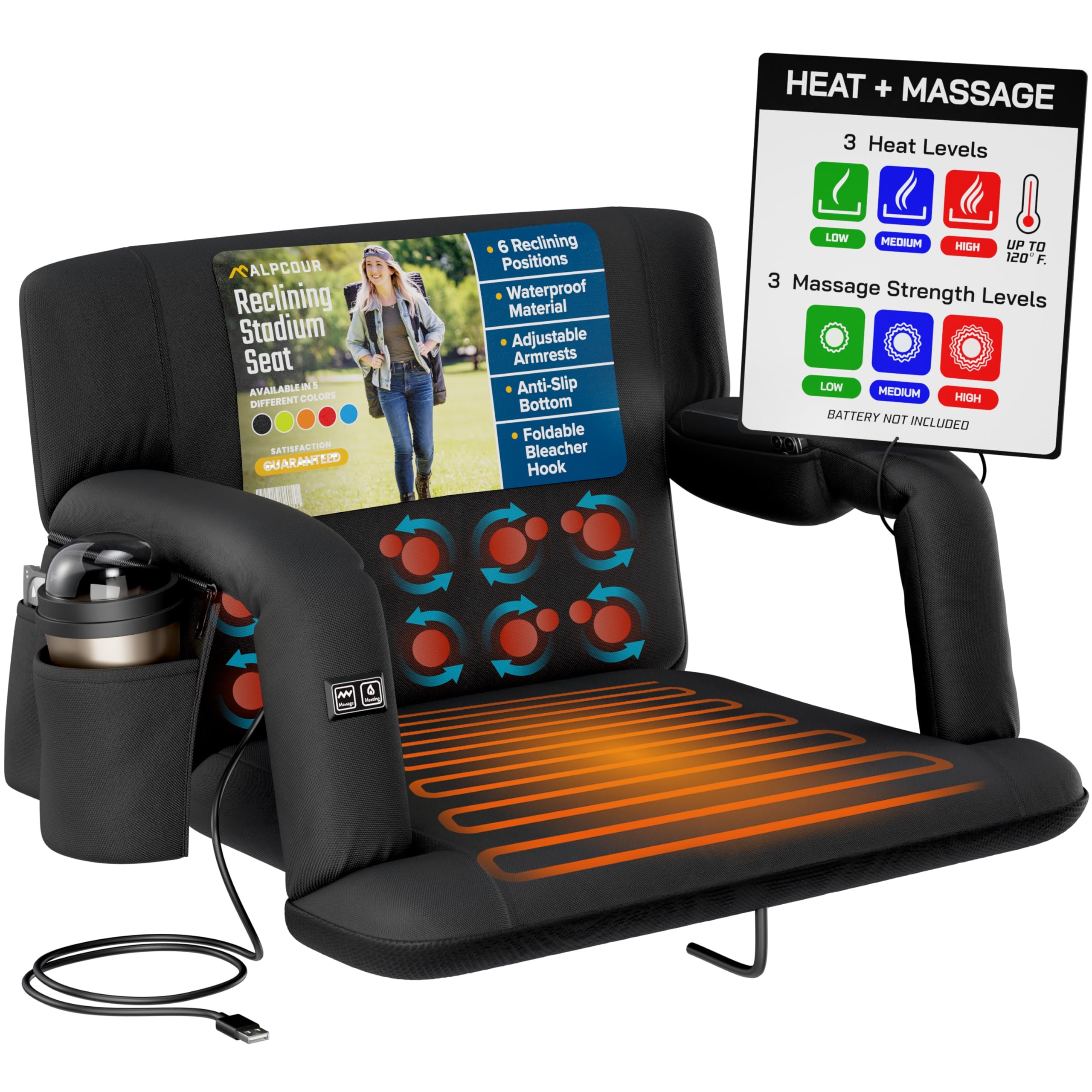 Alpcour Heating Massage Stadium Seat – Deluxe Reclining Bleacher Chair with Back & Arm Support – Built-in Heater and Massager - Extra Thick, Lightweight and Waterproof with Detachable Pockets