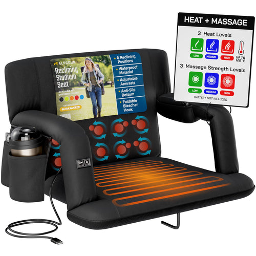 Alpcour Heating Massage Stadium Seat – Deluxe Reclining Bleacher Chair with Back & Arm Support – Built-in Heater and Massager - Extra Thick, Lightweight and Waterproof with Detachable Pockets