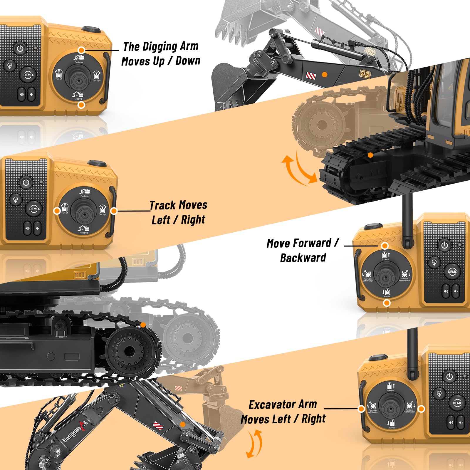 kolegend 3 in 1 Remote Control Excavator Toy 1/14 Scale RC Excavator, 15 Channel Upgrade Full Functional Construction Vehicles with Tools Metal Breaker and Electric Gripper(Yellow/Black)