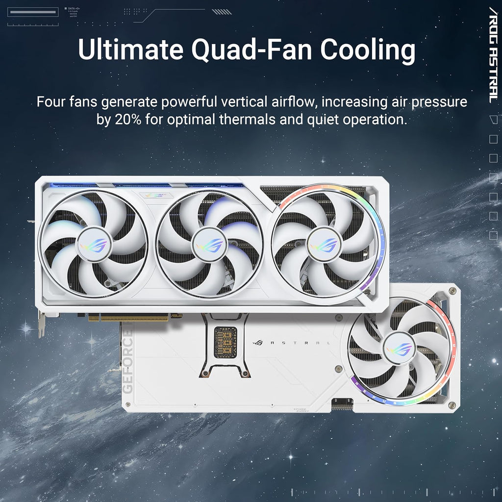 ASUS ROG Astral GeForce RTX 5080 16GB GDDR7 White OC Edition Gaming Quad Fan Graphics Card (NVIDIA DLSS 4, 3.8-Slot Design, PCIe 5.0, 3X DP 2.1b, 2X HDMI 2.1b, White, ROG-ASTRAL-RTX5080-O16G-WHITE)