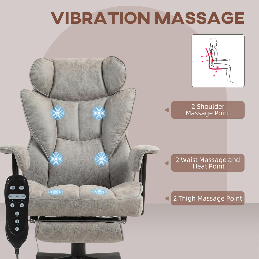 HOMCOM Massage Executive Office Chair with 6 Vibration Points, 400LBS Heated Big and Tall Office Chair with Foot Rest and Lumbar Support, Microfiber Reclining Computer Desk Chair, Gray