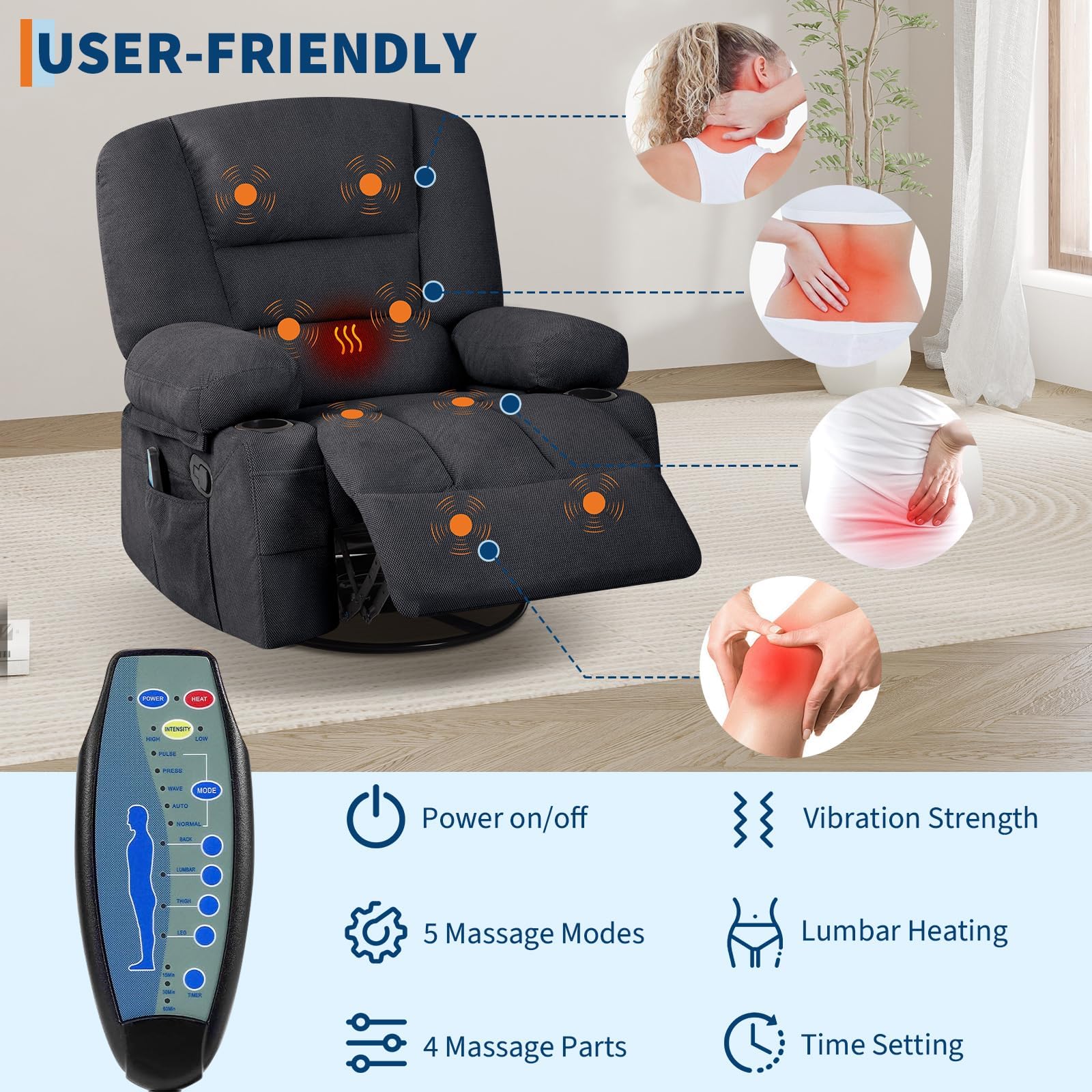 Oversized Wide Recliner Chair with Vibration Massage and Heat, 360° Swivel Recliner Glider for Adults,Chenille Fabric Manual Reclining Single Sofa with Cup Holders & Side Pockets for Living Room,White