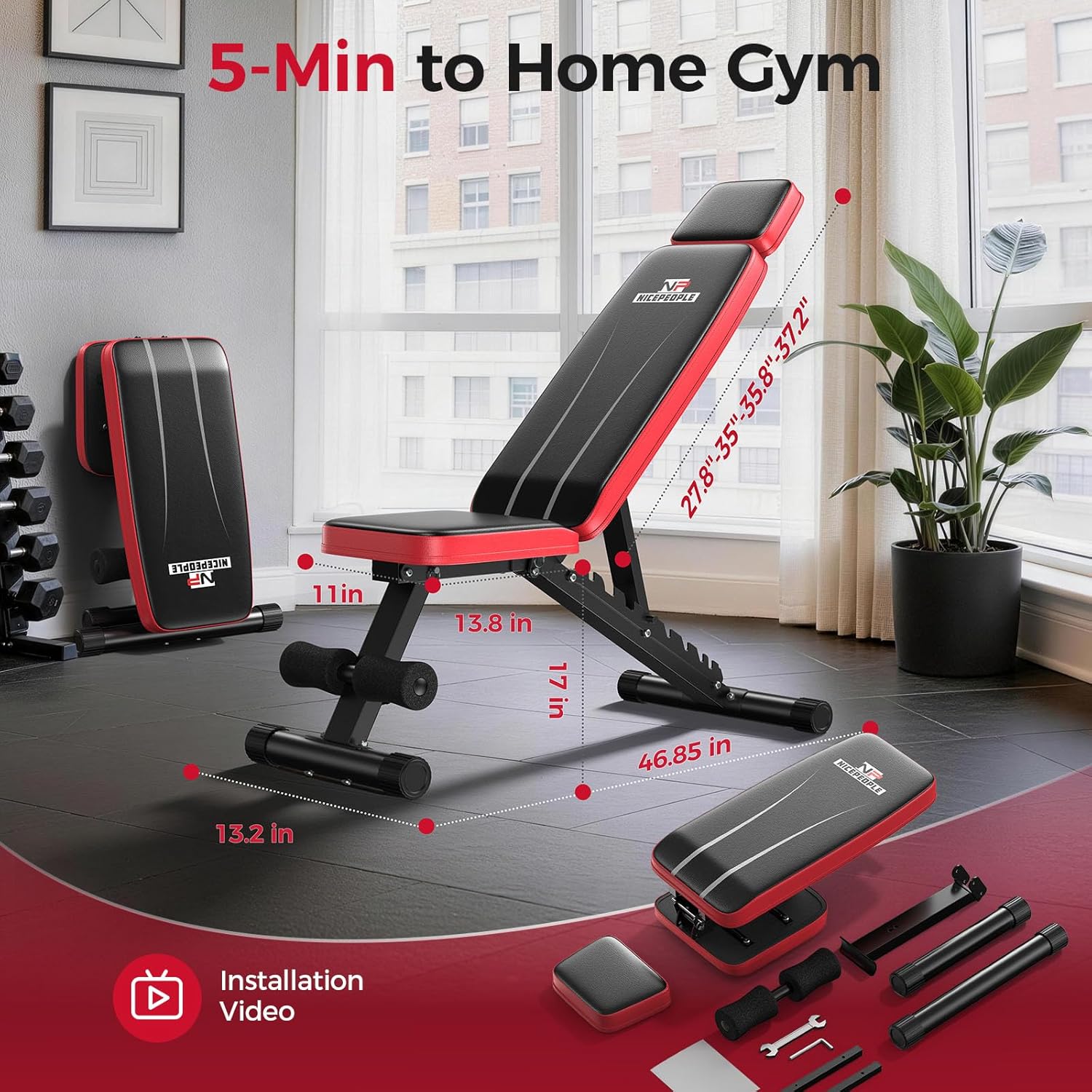 Nicepeople Adjustable Weight Bench up to 6.5'', Dual-Support Workout Bench & 10 Backrests for Chest Shoulders Arms for Home Gym, 660LBS Capacity but Compact and Foldable Strength Bench Apartment Room
