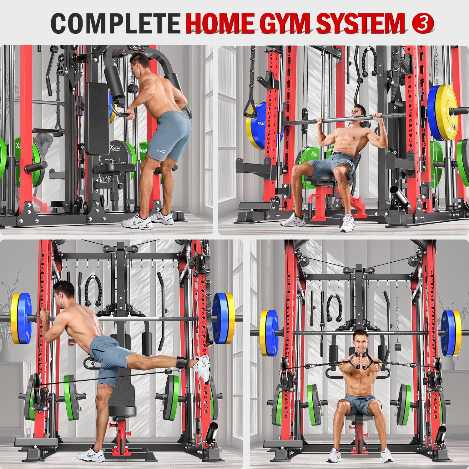 Smith Machine with Cable Crossover System, Multi-Function Power Cage Squat Rack for Home Gym, Power Rack and Packages Weight Sets.