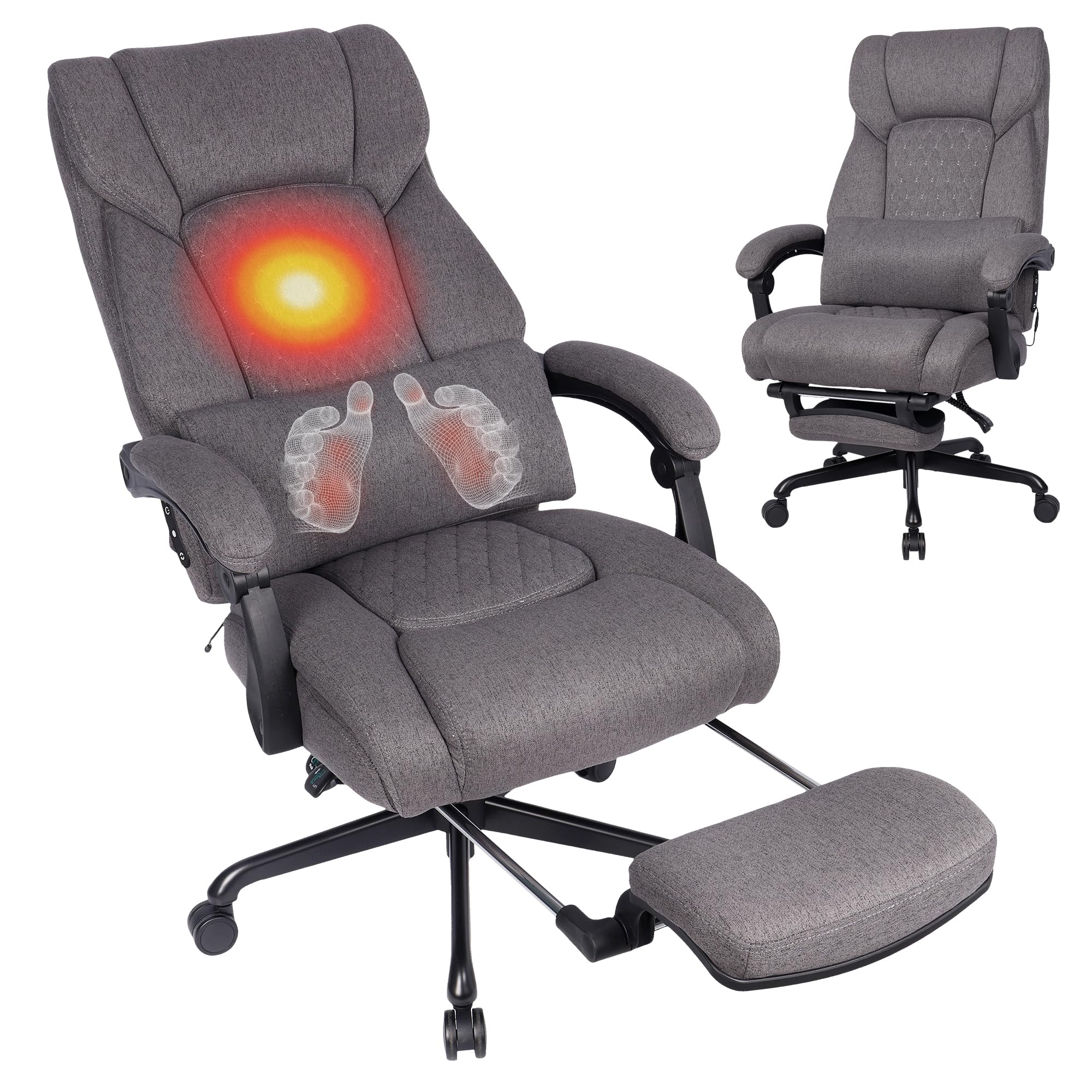 3D Kneading Massage Office Chair with Heat, 500 lbs Big and Tall Executive Computer Desk Recliner, Leather Electric Heated Chair with Footrest, Black