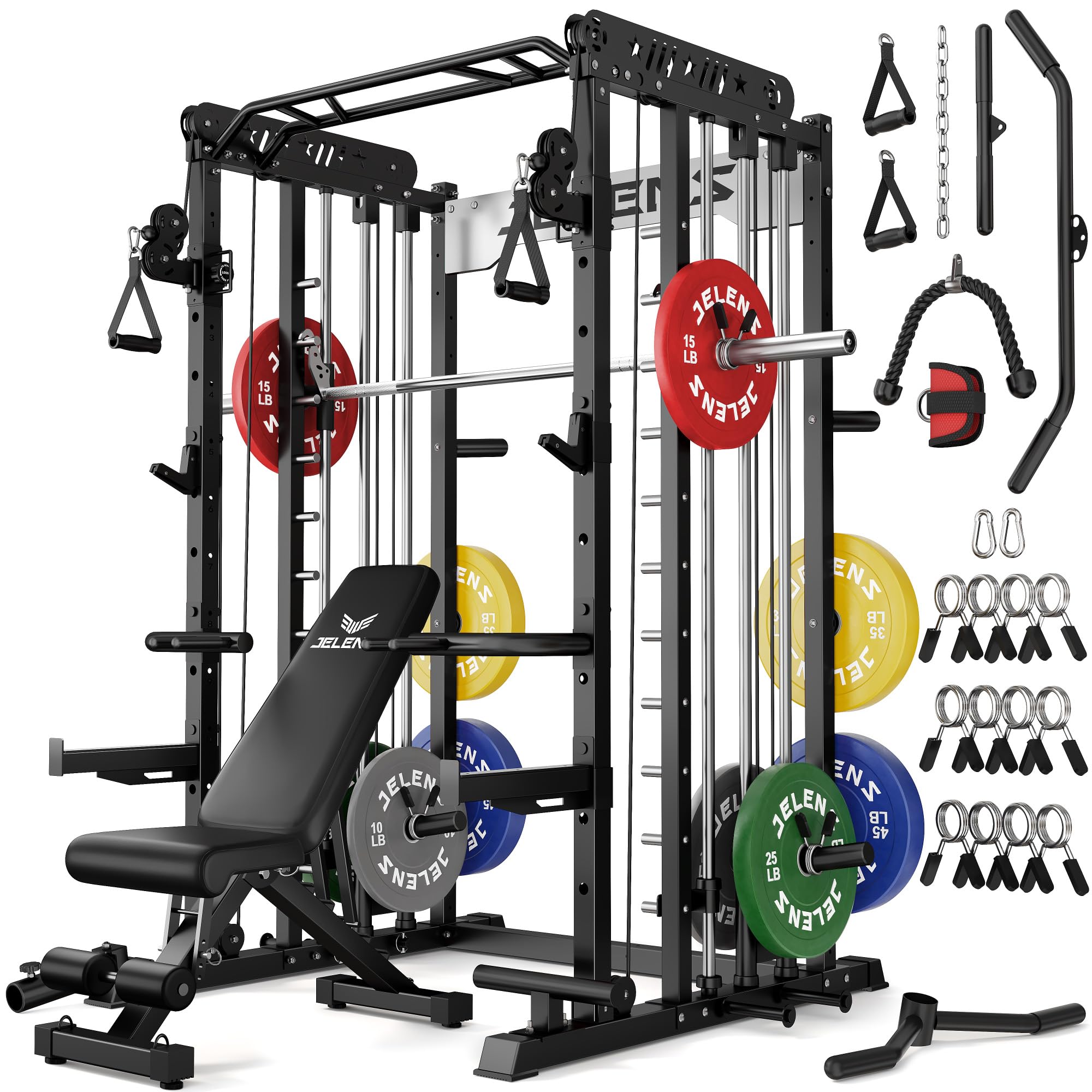 JELENS Smith Machine for Home Gym, Multi-Function M12 Power Cage with Cable Crossover System, Squat Rack with Smith Bar and More Attachment