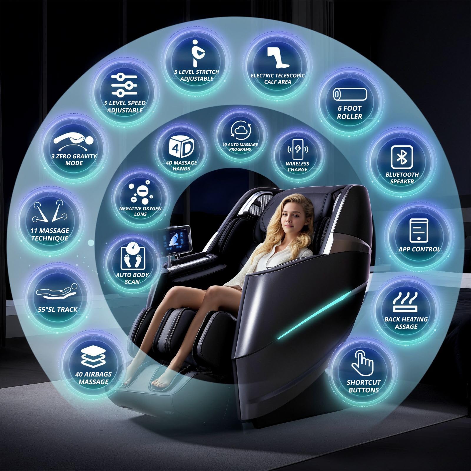 HealthRelife 4D Massage Chair Full Body Zero Gravity Recliner - 55“ SL-Track,20 Auto Modes,11 Massage Technique,40 Airbags Massage,with Yoga Stretch,APP Control,Negative Oxygen lons（Grey）