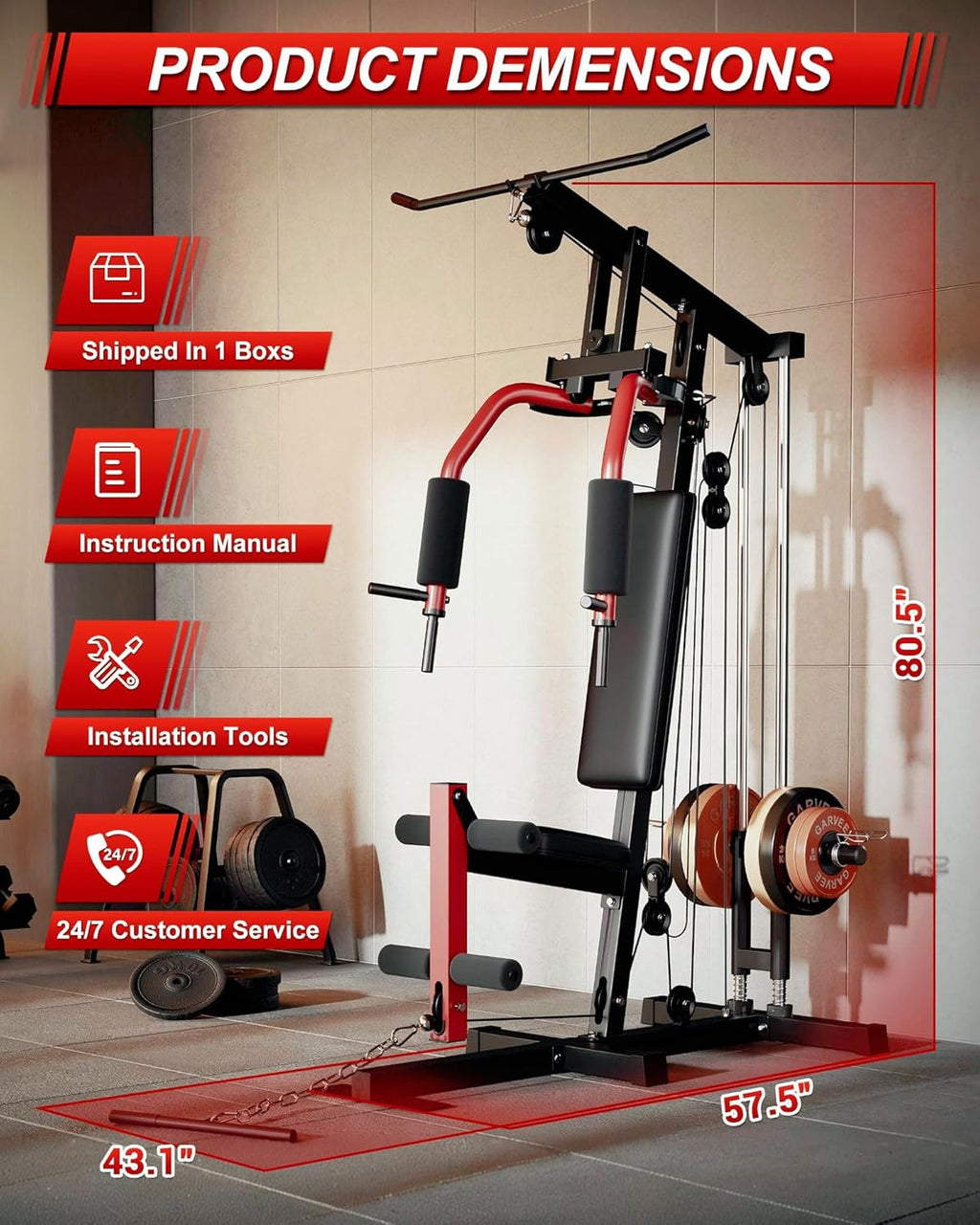Home Gym Machine, Max 300LBS Capacity Home Gym Equipment with Leg Press, Multifunctional Exercise Equipment for Full Body Strength Training, Fit 1" & 2" Weight Plates (Not Included)