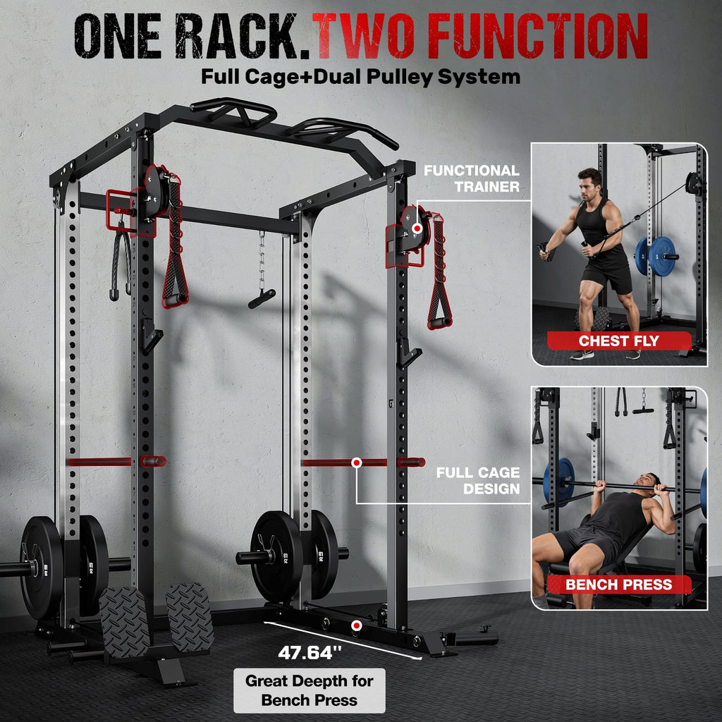 DP01 Power Cage, 2000LBS Squat Rack with with Cable Crossover and Dual Independent Pulley System, Full Cage for Full Body Training, Power Rack with More Training Attachments for Home Gym