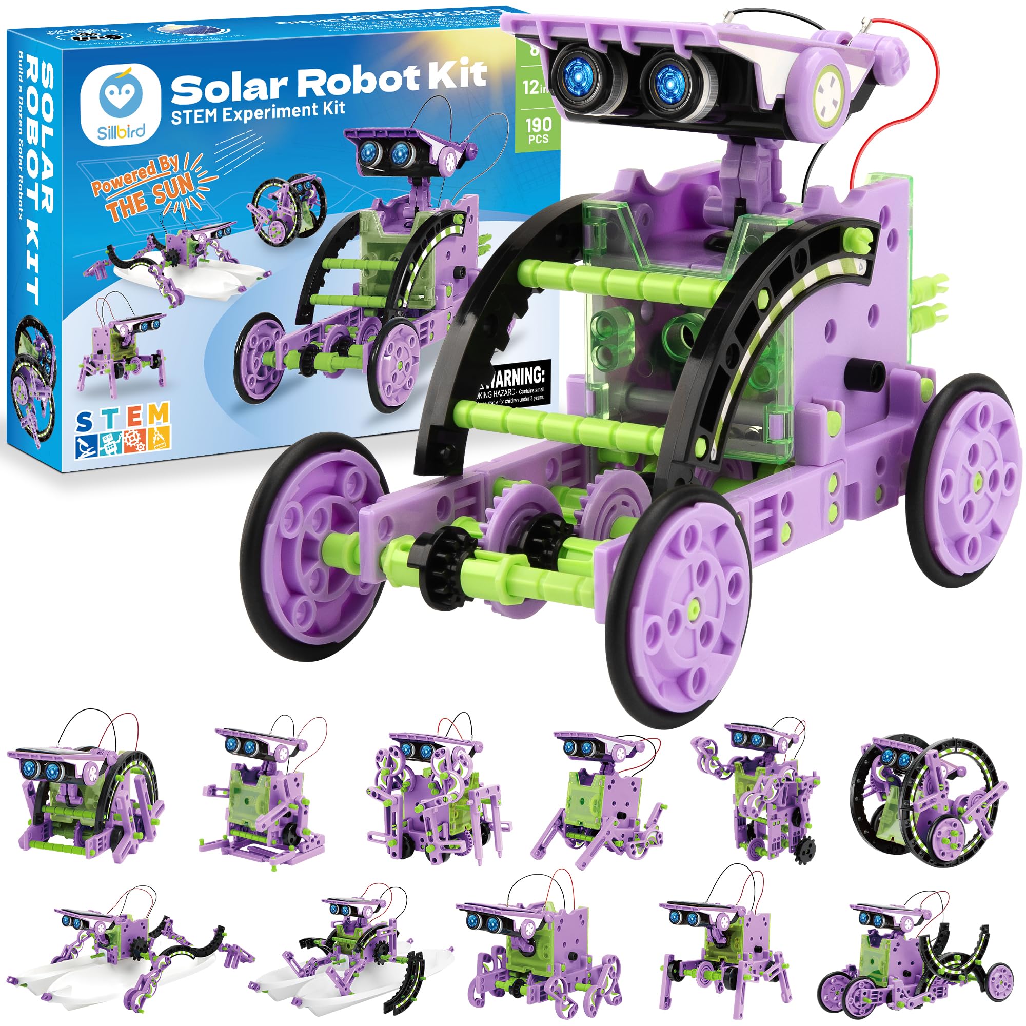 Sillbird 12-in-1 Solar Robot Building Kit STEM Gift for Boys Aged 8-13, DIY Science Educational Robotic Toys for Kids Teens Birthday, Powered by the Sun with 190 Pieces