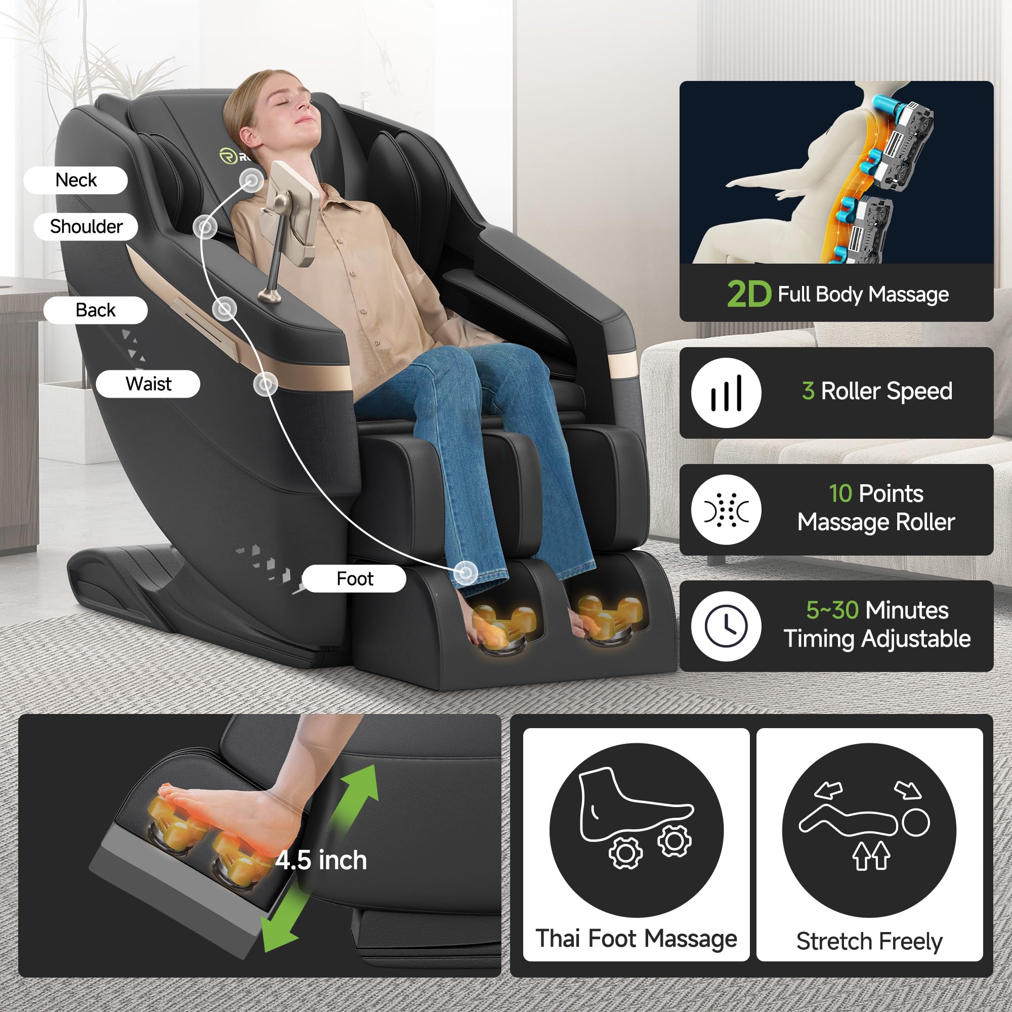 Real Relax 2025 Full Body Massage Chair, Zero Gravity Shiatsu Massage Chair Recliner, Foot Massage, Bluetooth, Large Control Screen (Brown and Gold)