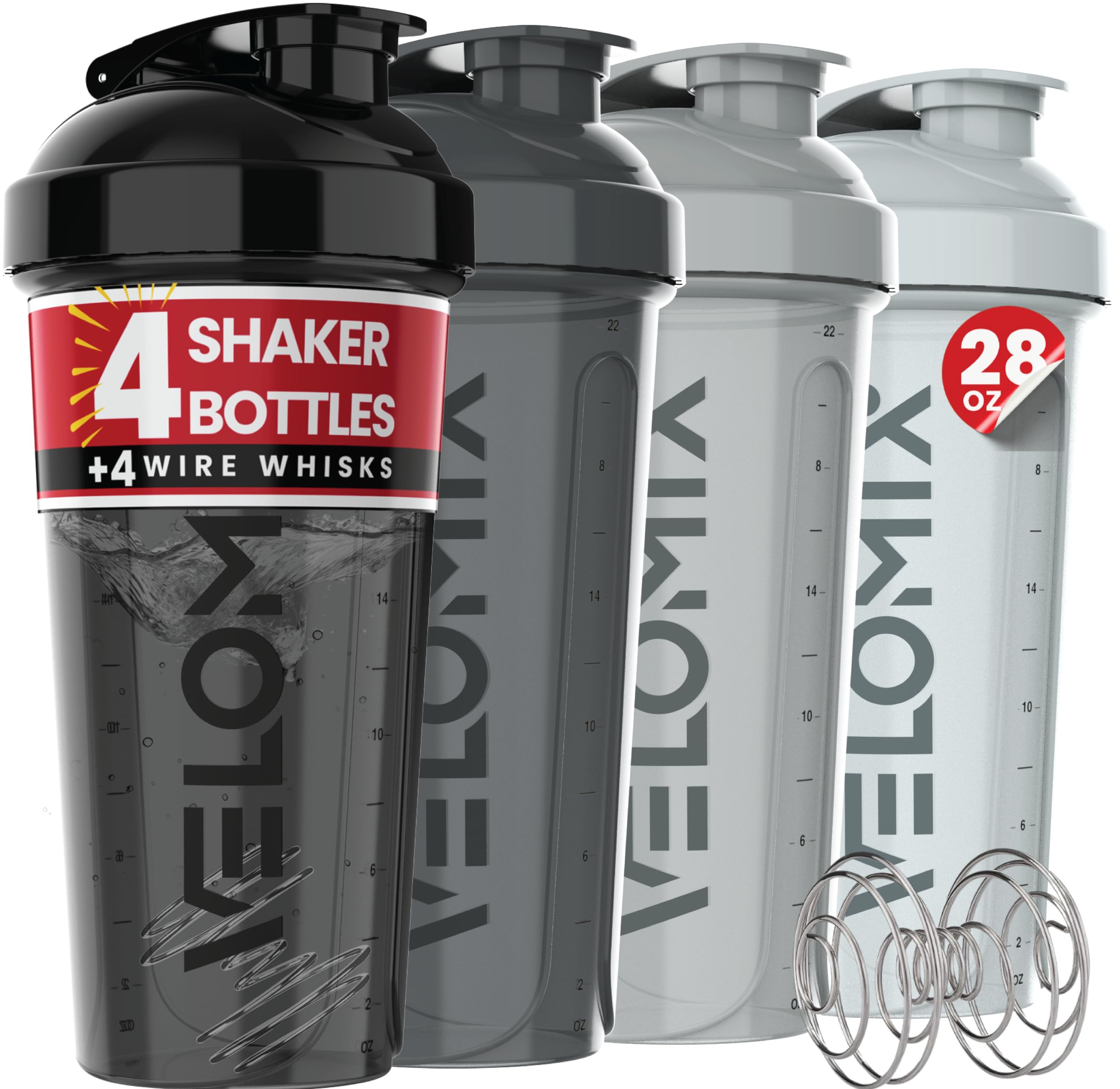 VELOMIX -4 PACK- 28 oz Protein Shaker Bottle for Protein Mixes - 4x Wire Whisk | Leak Proof Shaker Cups for Protein Shakes | Protein Shaker Bottle Pack | Protein Shake Cup (NeoCool Pack)