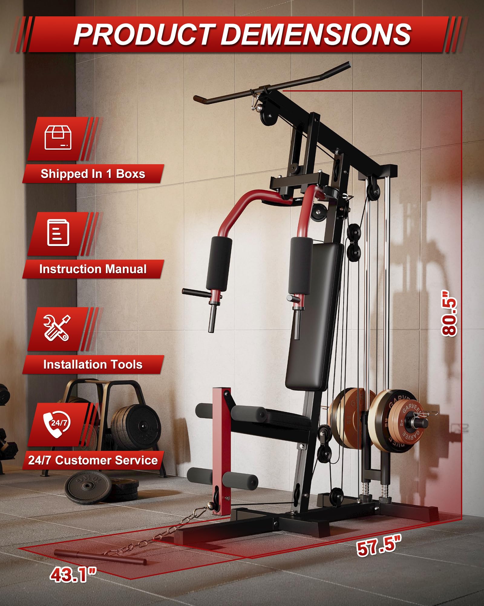 5-in-1 Multifunctional Home Gym Equipment, Full Body Training Machine with LAT Pulldown, Chest Press, Leg Extension, Seated Row,300LB Weight Capacity, Fits 1&2 Inch Weight Plates (Not Included)