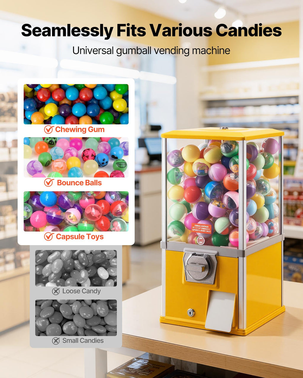 VEVOR Gumball Machine for Kids, 25" Height Home Vending Machine, PS Bouncy Balls Dispenser, Hold 230 Capsule Toys, Rectangle Bubble Gum Machine for Game Stores, Coin Operated Gumball Bank, Red