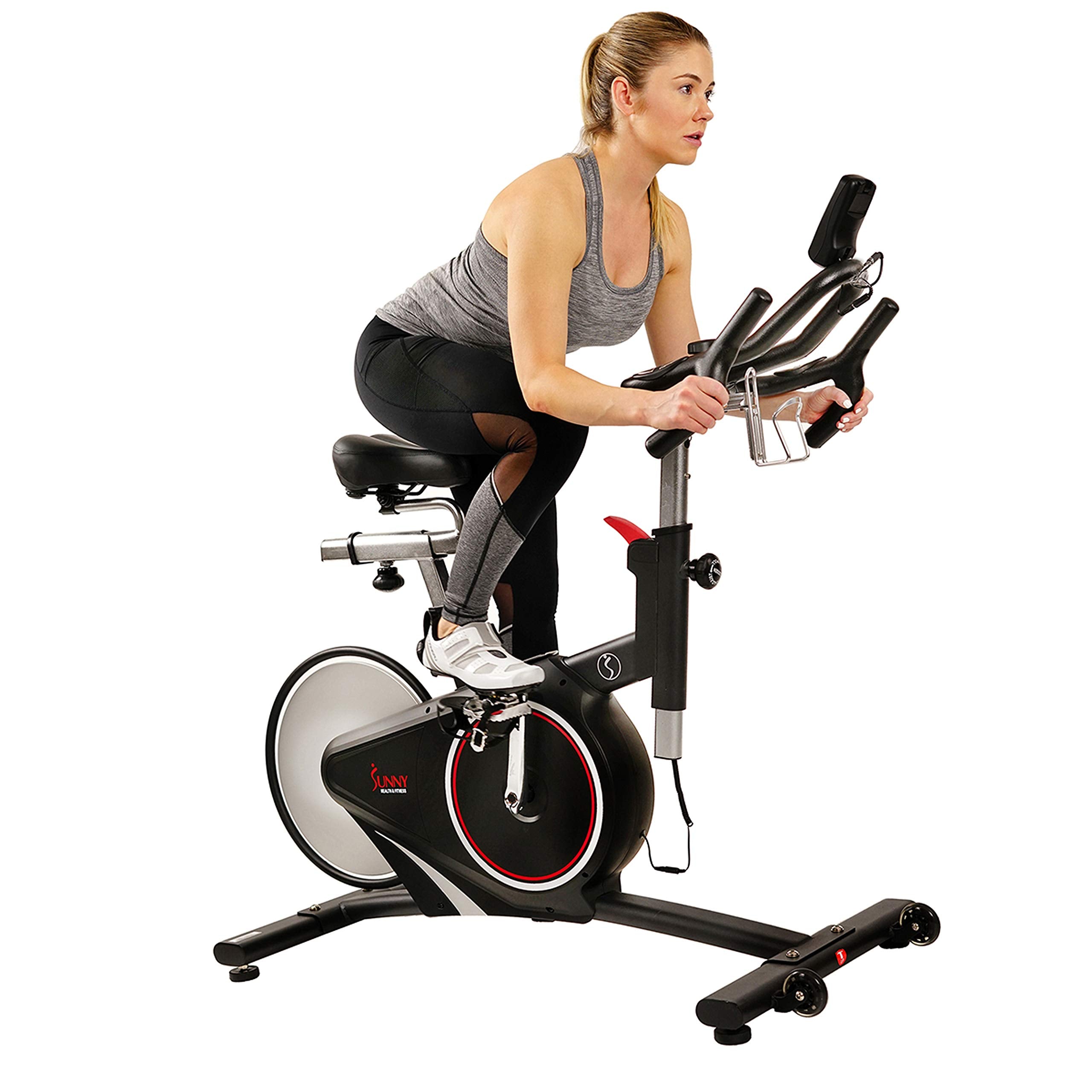 Sunny Health & Fitness Indoor Intensive Cycling Exercise Bike, Adjustable Cardio Training Exerciser w/Emergency Brake for Home, Optional Free SunnyFit App Bluetooth Link + Electromagnetic Resistance