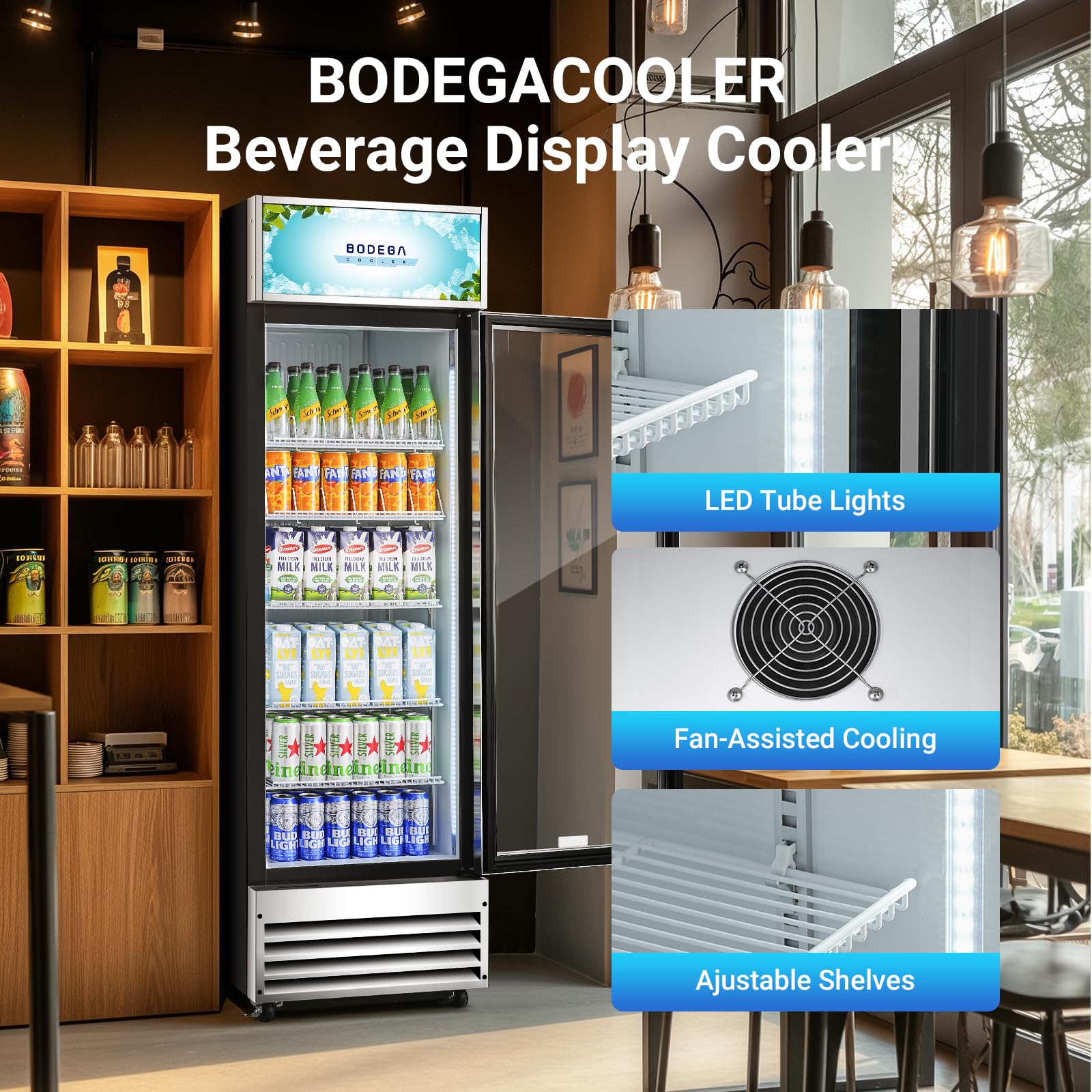 BODEGACOOLER Commercial Merchandiser Refrigerator, 27.02 Cu.Ft Double Glass Door Beverage Cooler, Upright Display Refrigerator with Soft LED Light, Adjustable Shelves, 4 Heavy-Duty Casters, Black