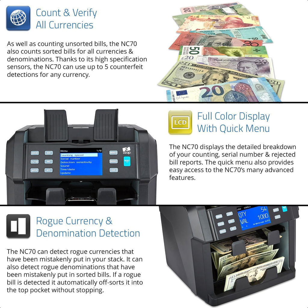 ZZap NC70 Mixed Denomination Bill Counter/2 Pocket Sorter/Counterfeit Detector - Money Cash Value Currency Machine