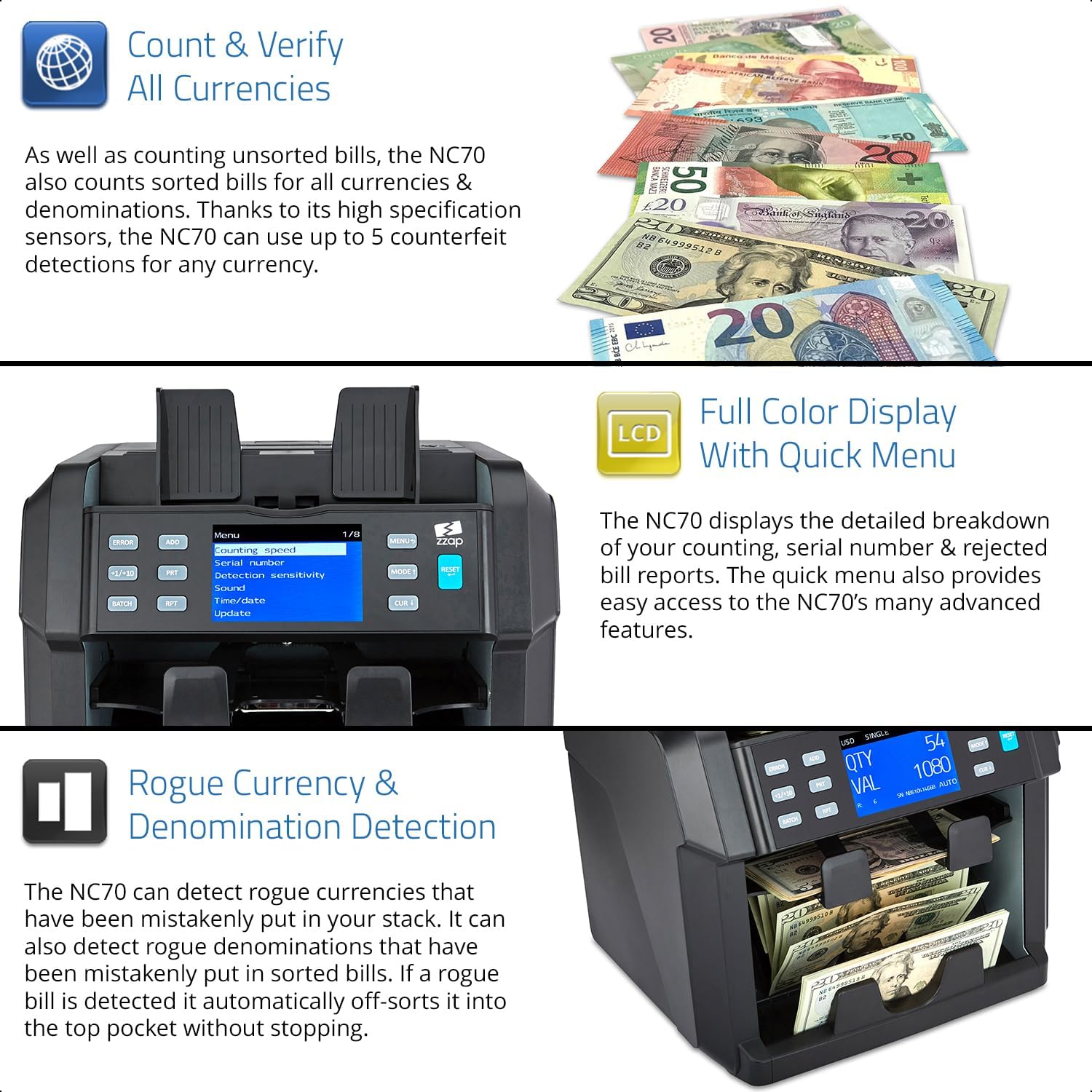 ZZap NC70 Mixed Denomination Bill Counter/2 Pocket Sorter/Counterfeit Detector - Money Cash Value Currency Machine