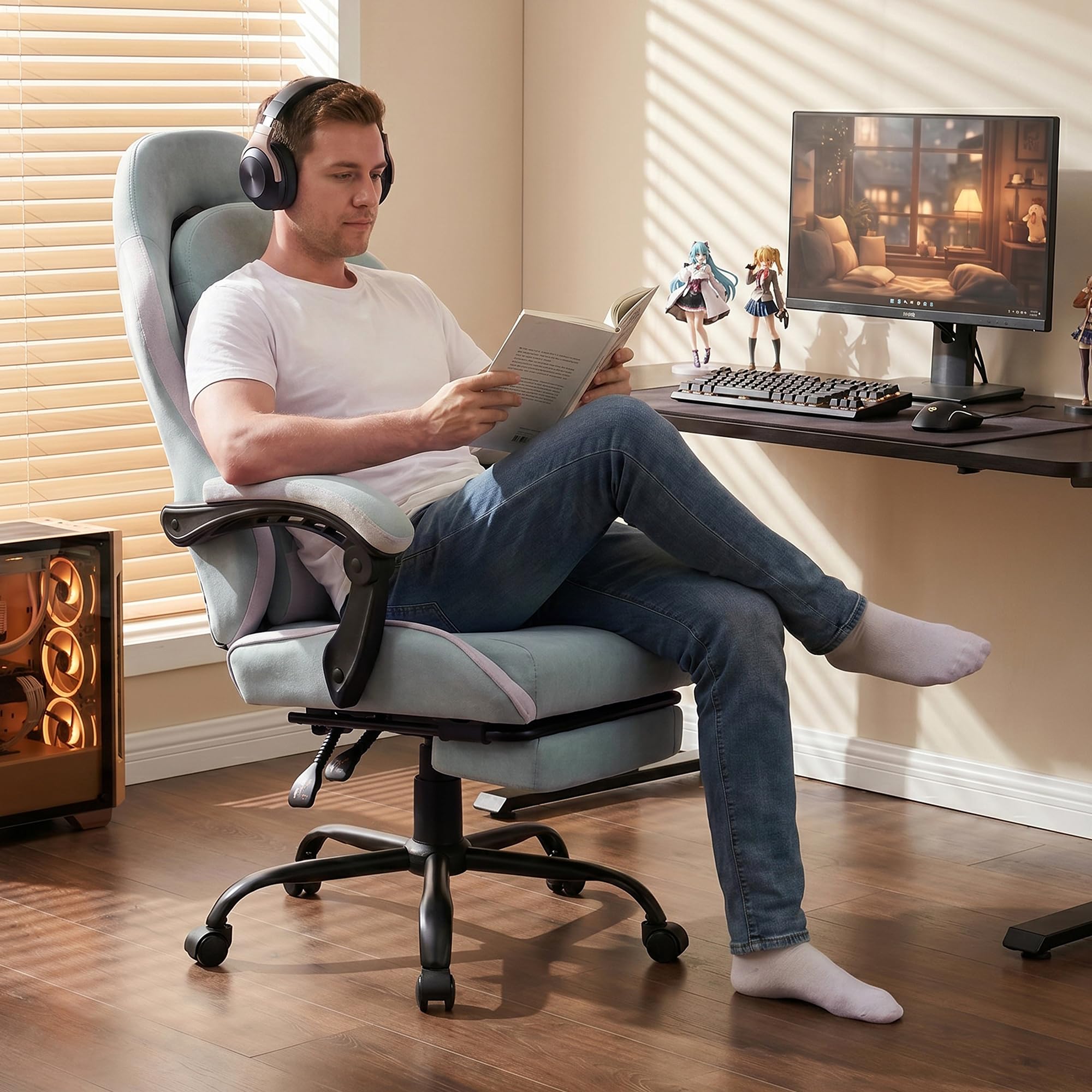 Shintenchi Big and Tall Gaming Chair Fabric Pocket Spring Cushion,High Back Recliner with Footrest and Headrest for Adults, Massage Lumbar Support for Home Office, Ergonomic Computer Desk Chair, Blue
