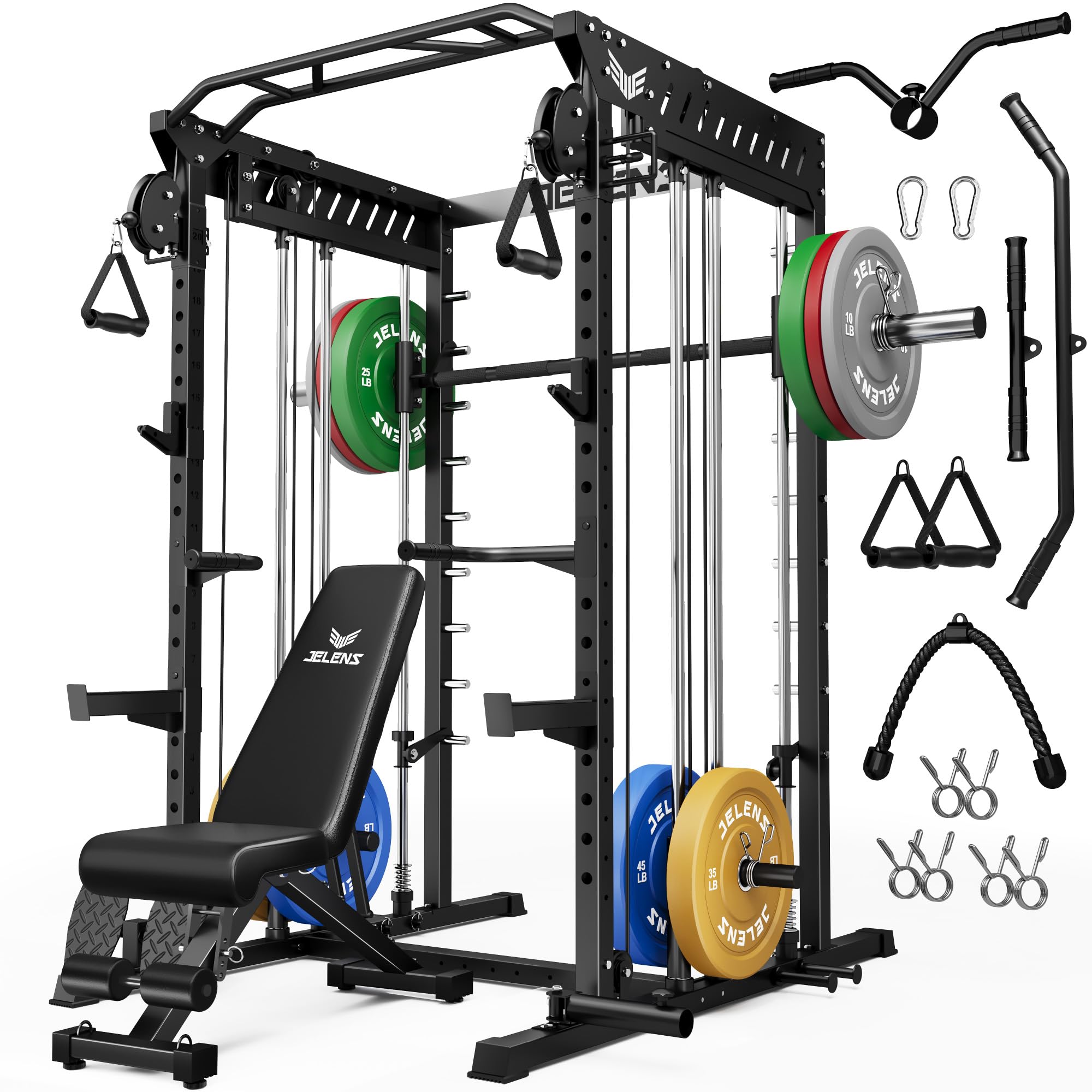 JELENS M21 Smith Machine, Multi-Function Power Cage with Dual Pulley Cable Crossover System, 2000LBS All-in-One Squat Rack with Smith Bar and Attachments for Home Gym