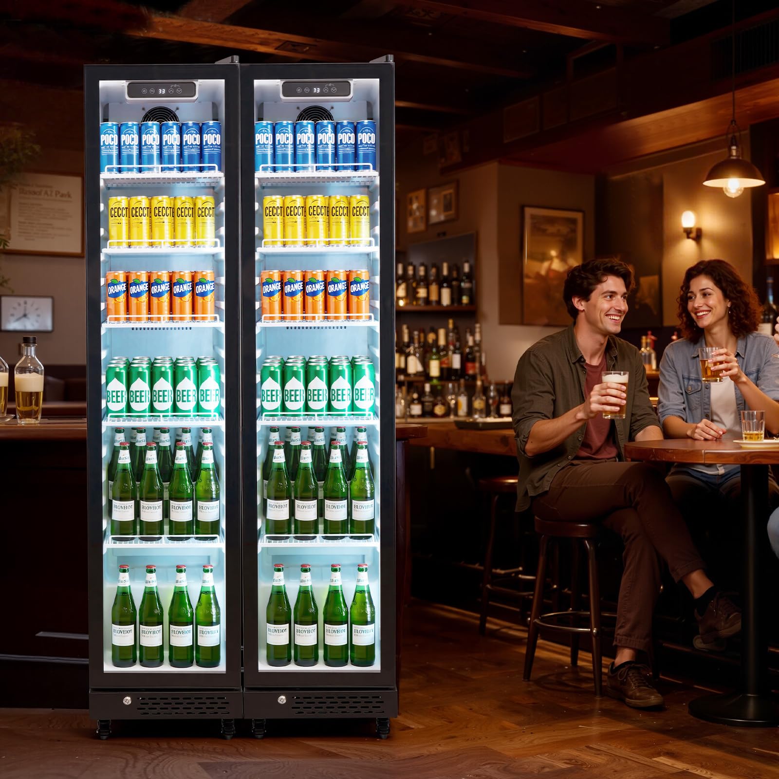 VEVOR Commercial Merchandiser Refrigerator, 6.9 Cu.Ft / 195L Glass Door Display Refrigerator, Upright Beverage Cooler Fridge with 4 Adjustable Shelves, Soft LED Light & Casters for Homes Shops Bars