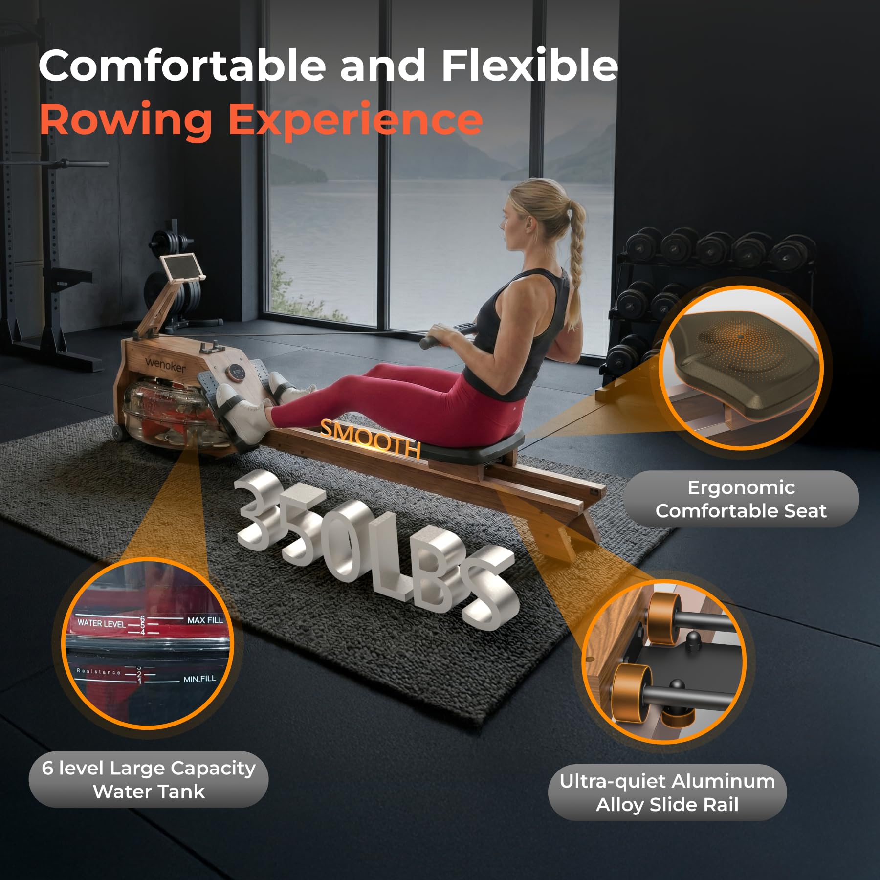 WENOKER Water Rowing Machines for Home Use, Water-Magnetic Dual Resistance Professional Rower Machine with Smart Electronic Knob,Wooden Row with Bluetooth App Compatible for Home Gym Exercise 400 LBS