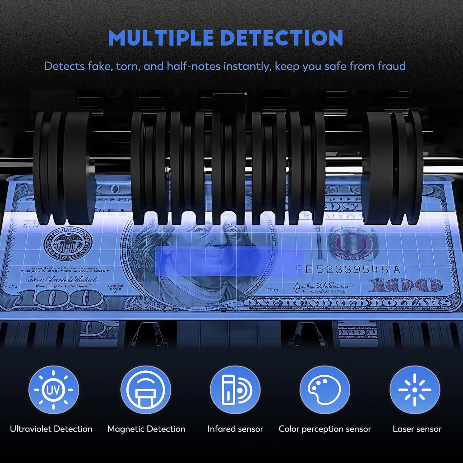 Money Counter Machine with Value Count,4" LED Display,Cash Counter for Dollar/Euro with UV/MG/IR/DD Detection, Bill Counting with Count/Add/Batch/Auto Modes,Bill Counter Fast Counting 1,200/Min