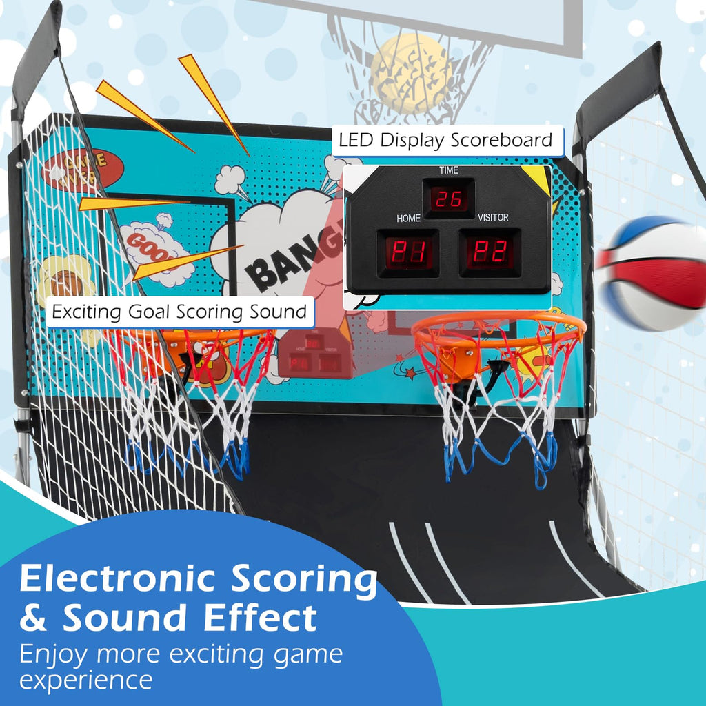 Goplus Foldable Dual Shot Basketball Arcade Game, Electronic Basketball Hoop w/LCD Scoreboard, 8 Game Modes, 4 Balls, Indoor Outdoor Basketball Game Machine for Adults (Green)